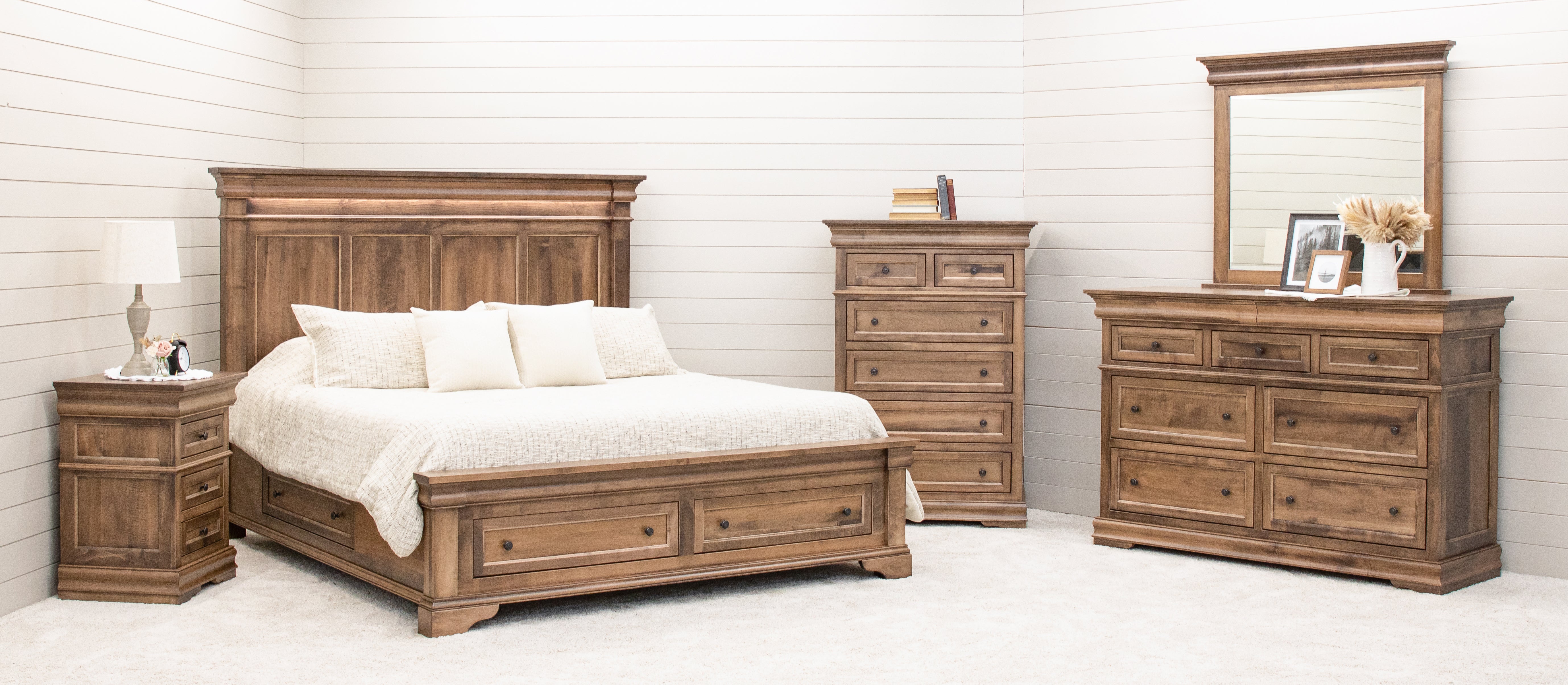 Belmont Modern Luxury King Bedroom Set in Solid Maple Wood with Lights and Hidden Jewelry Storage