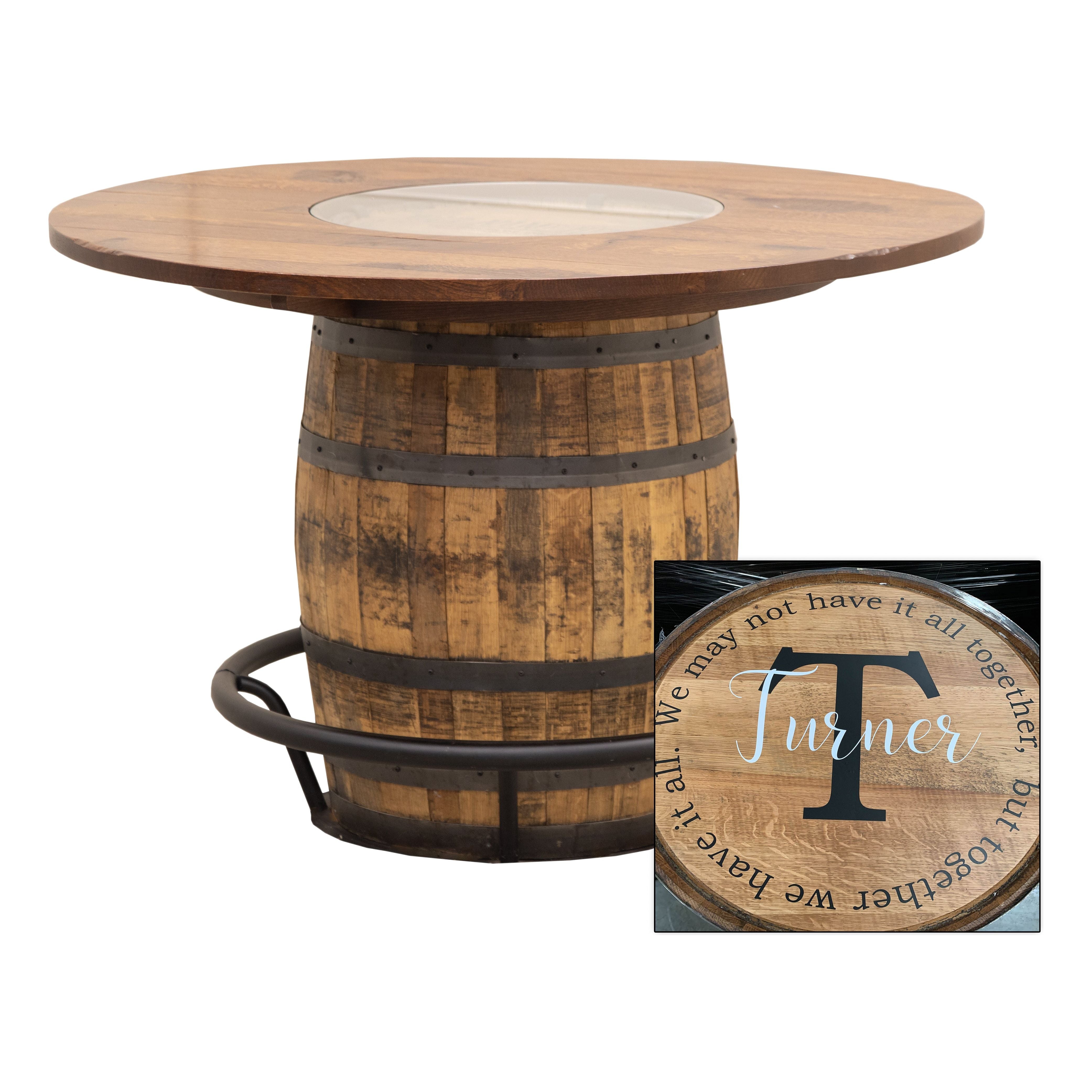 Round Whiskey Personalized Rustic Quarter Sawn White Oak Wood Single Barrel Pub Table | GB