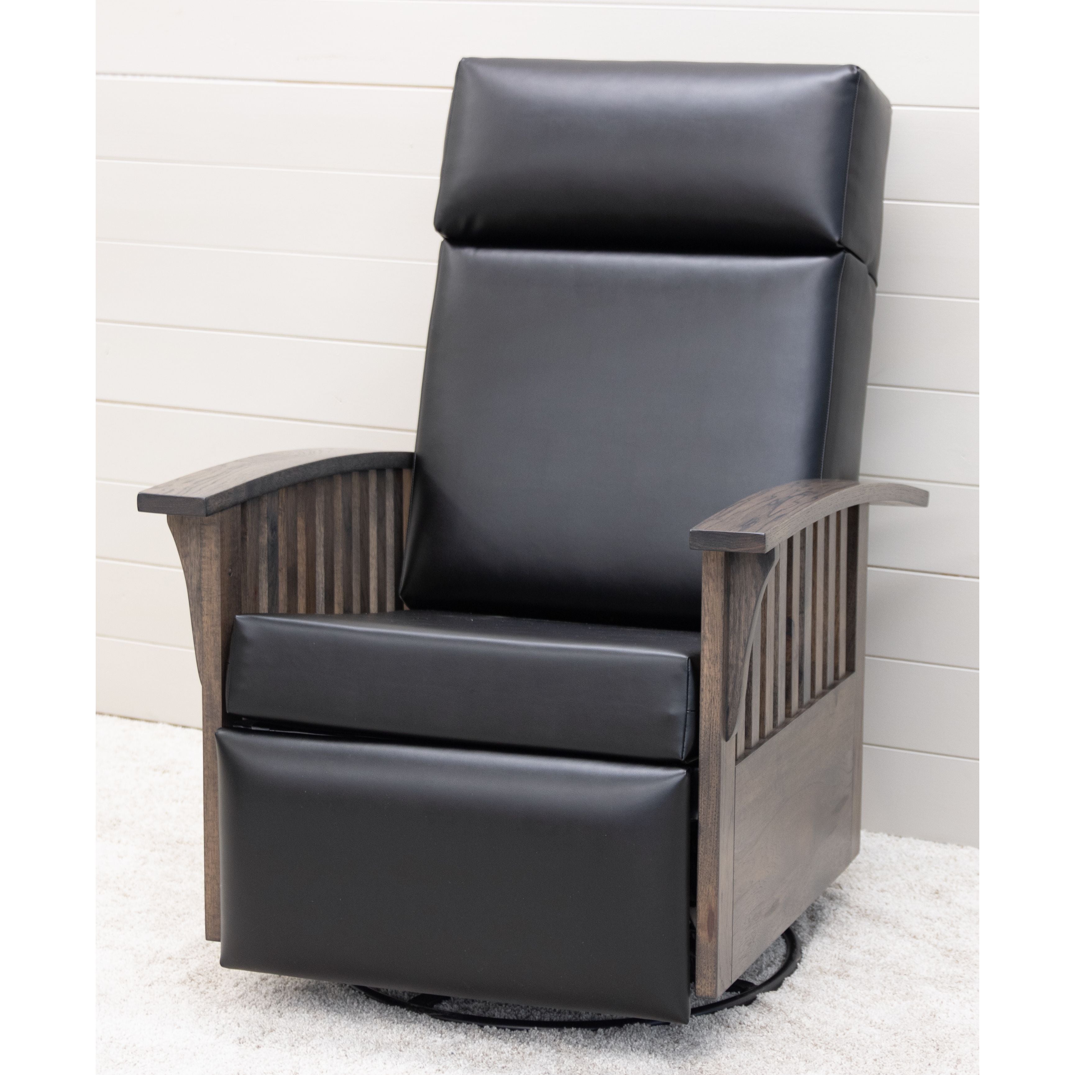 Mission Black Faux Leather Swivel Glider Recliner with Wood Arms