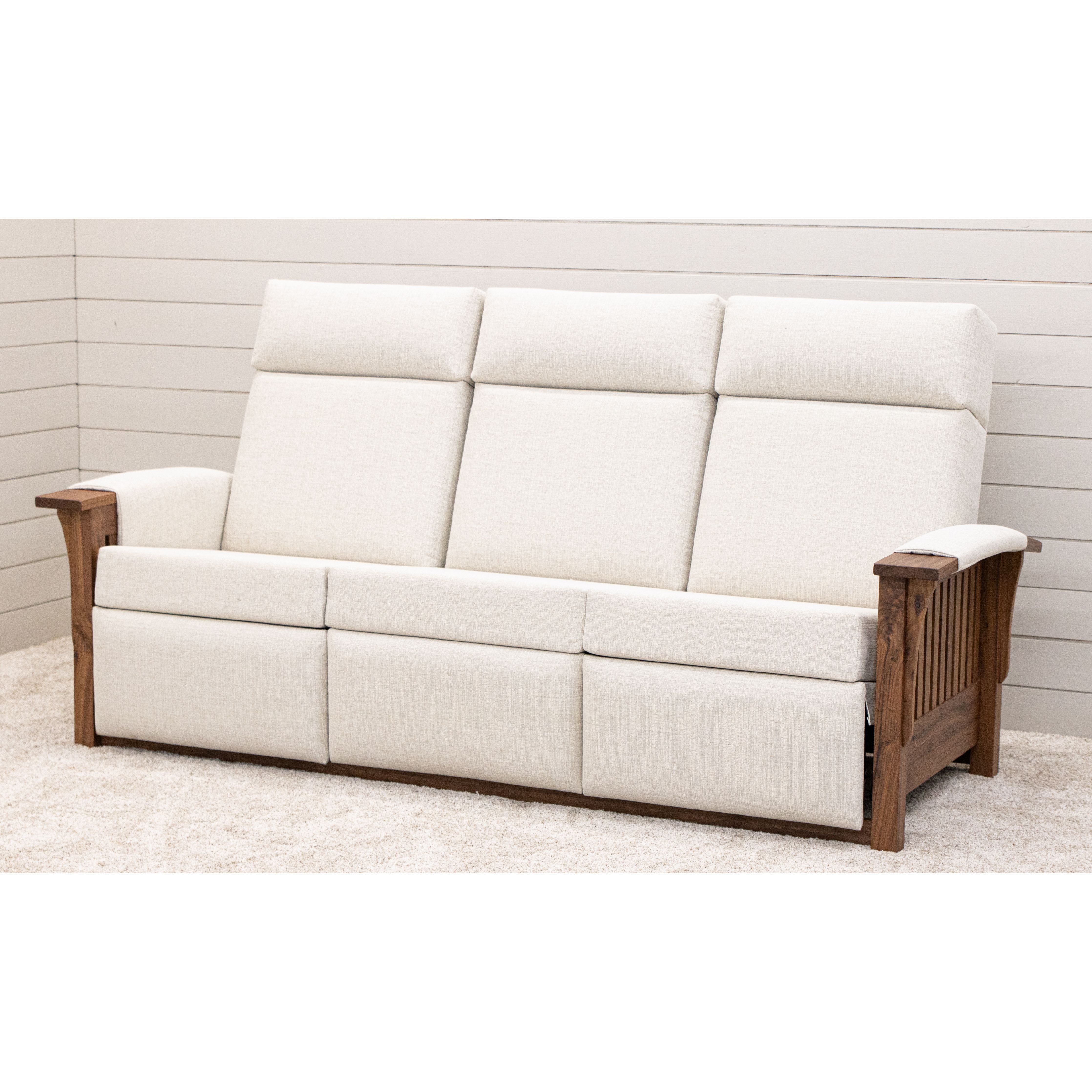 Mission White Wallhugger Reclining Sofa with Walnut Wood Arms
