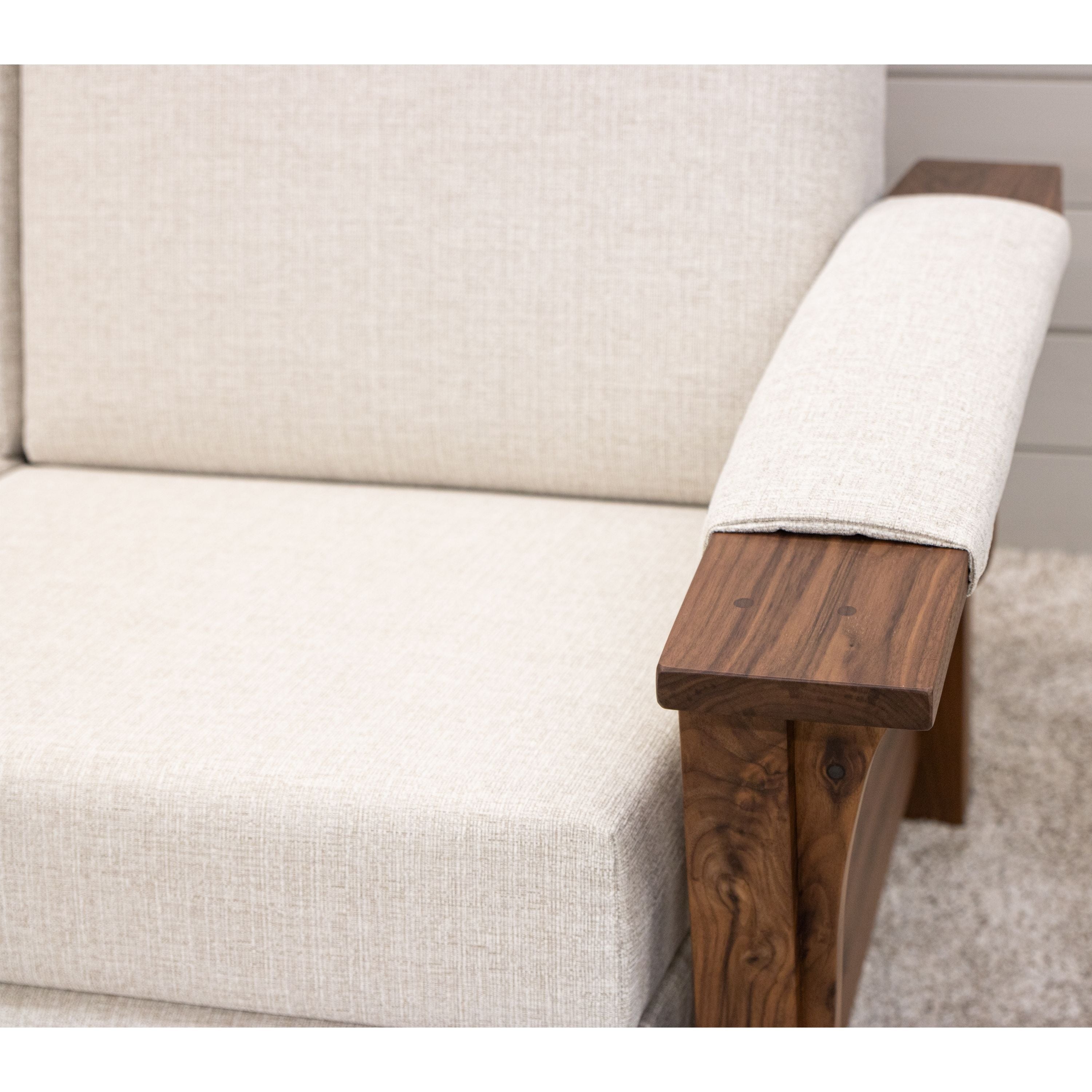 Mission White Wallhugger Reclining Sofa with Walnut Wood Arms