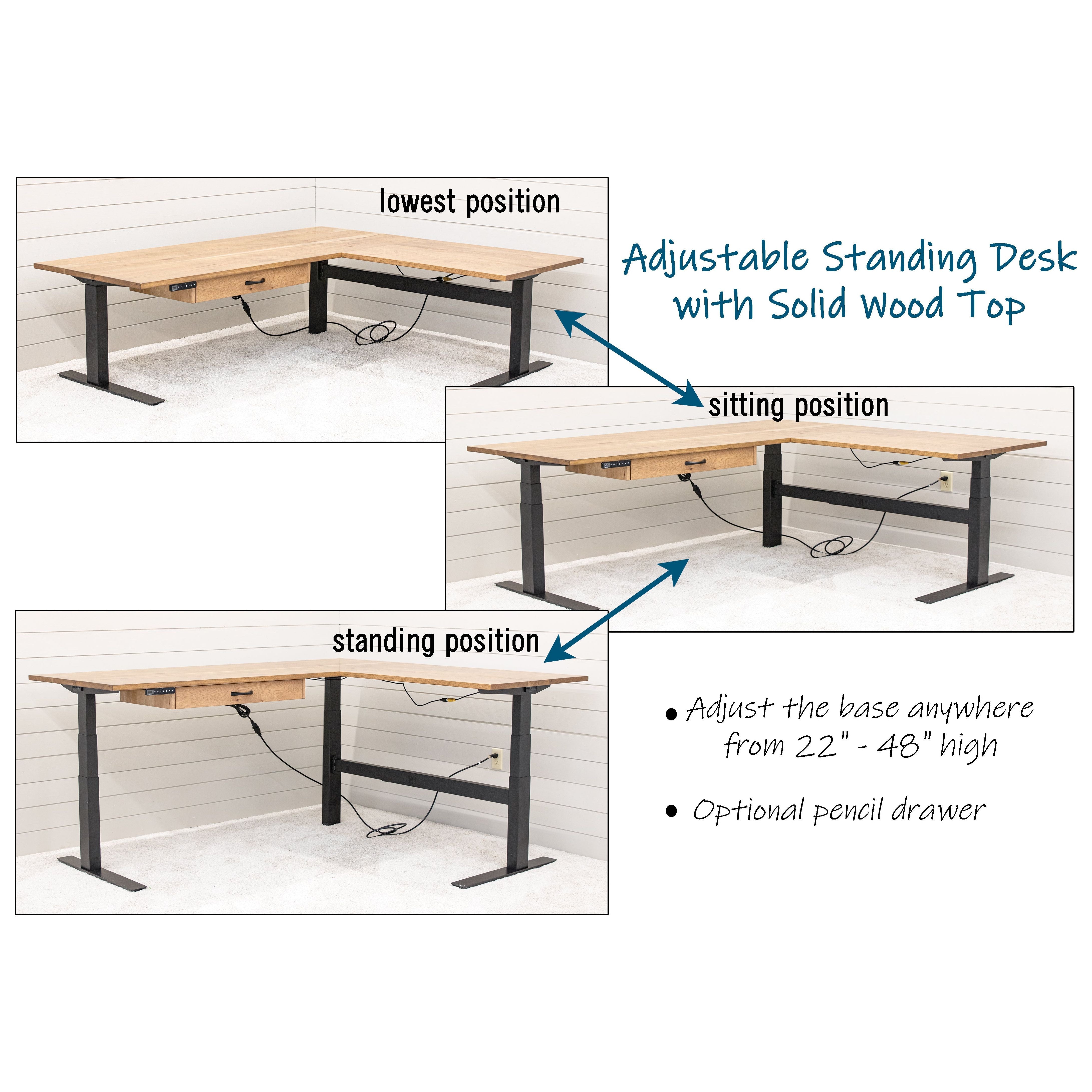 L Shaped Adjustable Standing Desk with Hickory Wood Top | WB