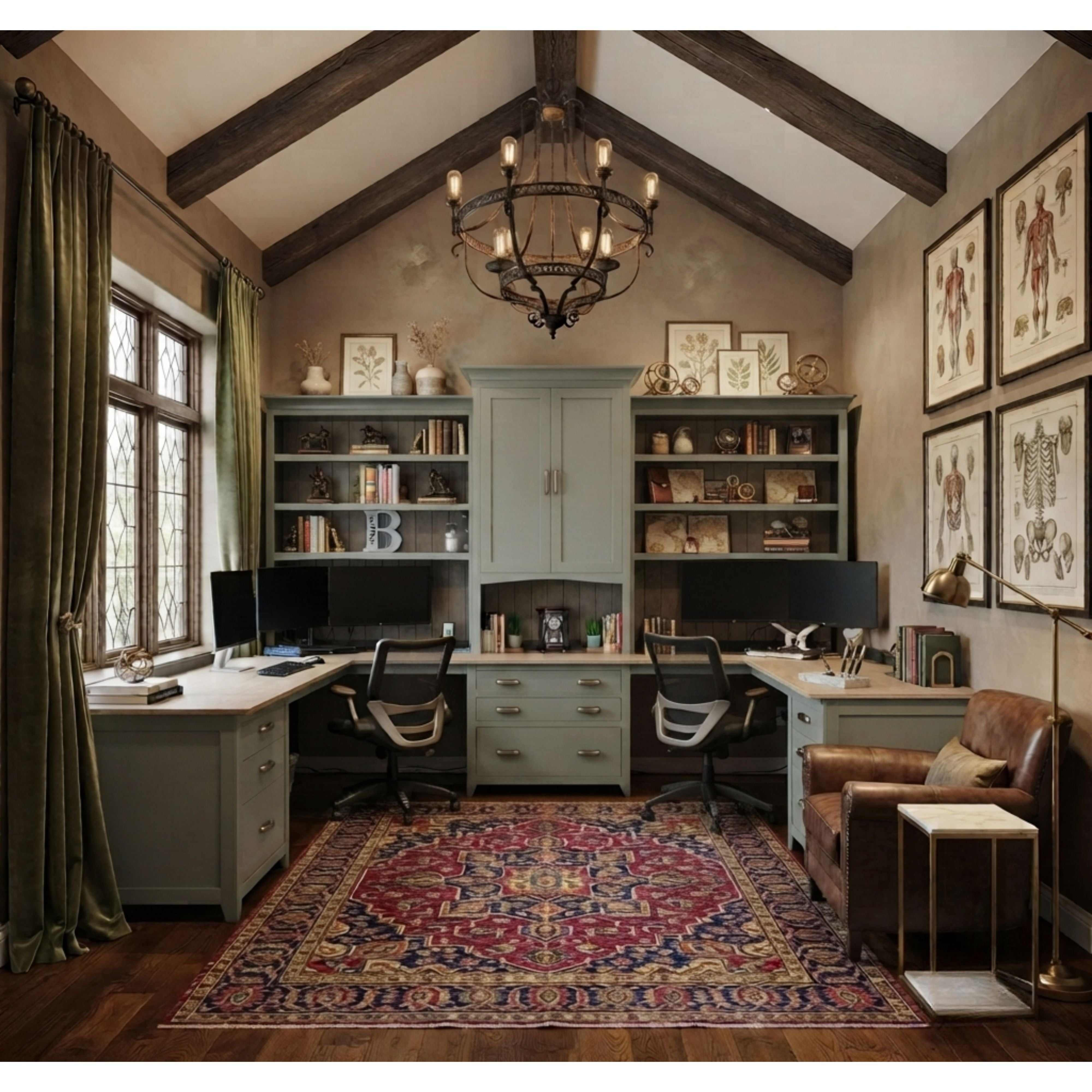 Custom Two-Toned Wrap Around Desk with Built-in Bookshelves