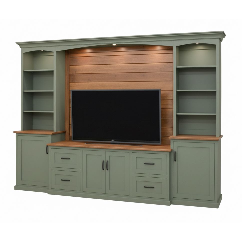 A large, modern farmhouse style entertainment center with side bookcases and storage in solid Maple wood with Sherwin Williams Evergreen Fog paint and Honey Cider stained shiplap