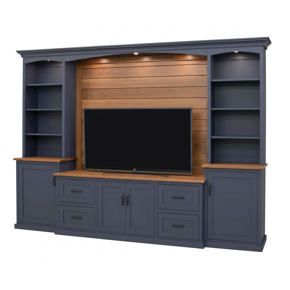 A large custom built solid wood entertainment center in modern farmhouse style with Benjamin Moore Hale Navy paint and wood stained shiplap, by the Amish furniture makers at Dutch Craft.