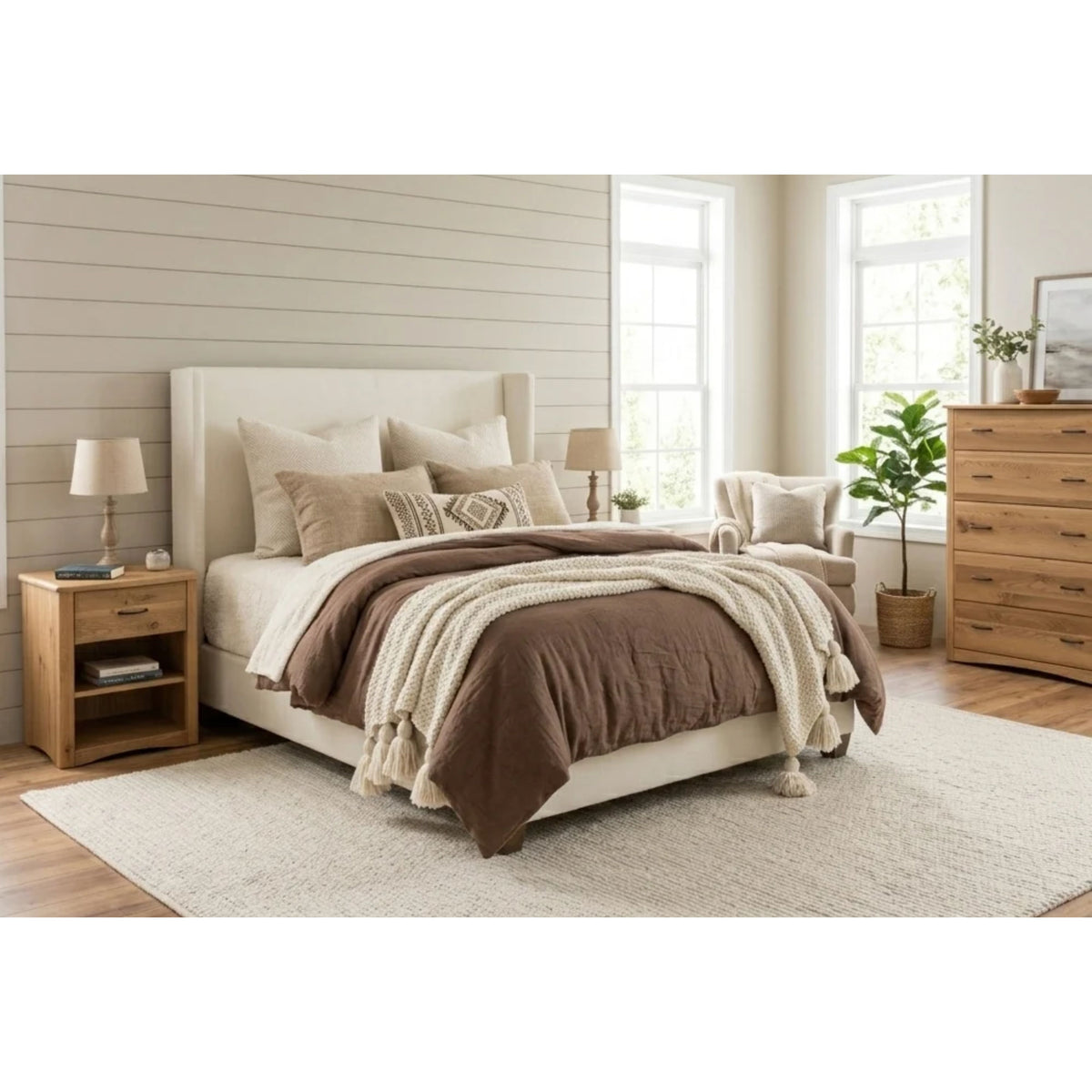 Carrington White Oak Bedroom Set with Queen Upholstered Bed