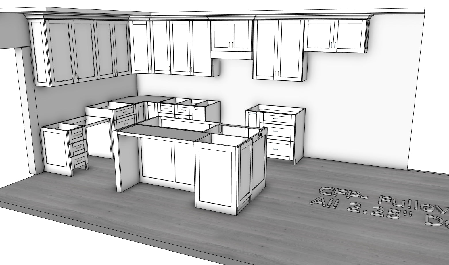 The final 3D render of a custom oak wood kitchen project.