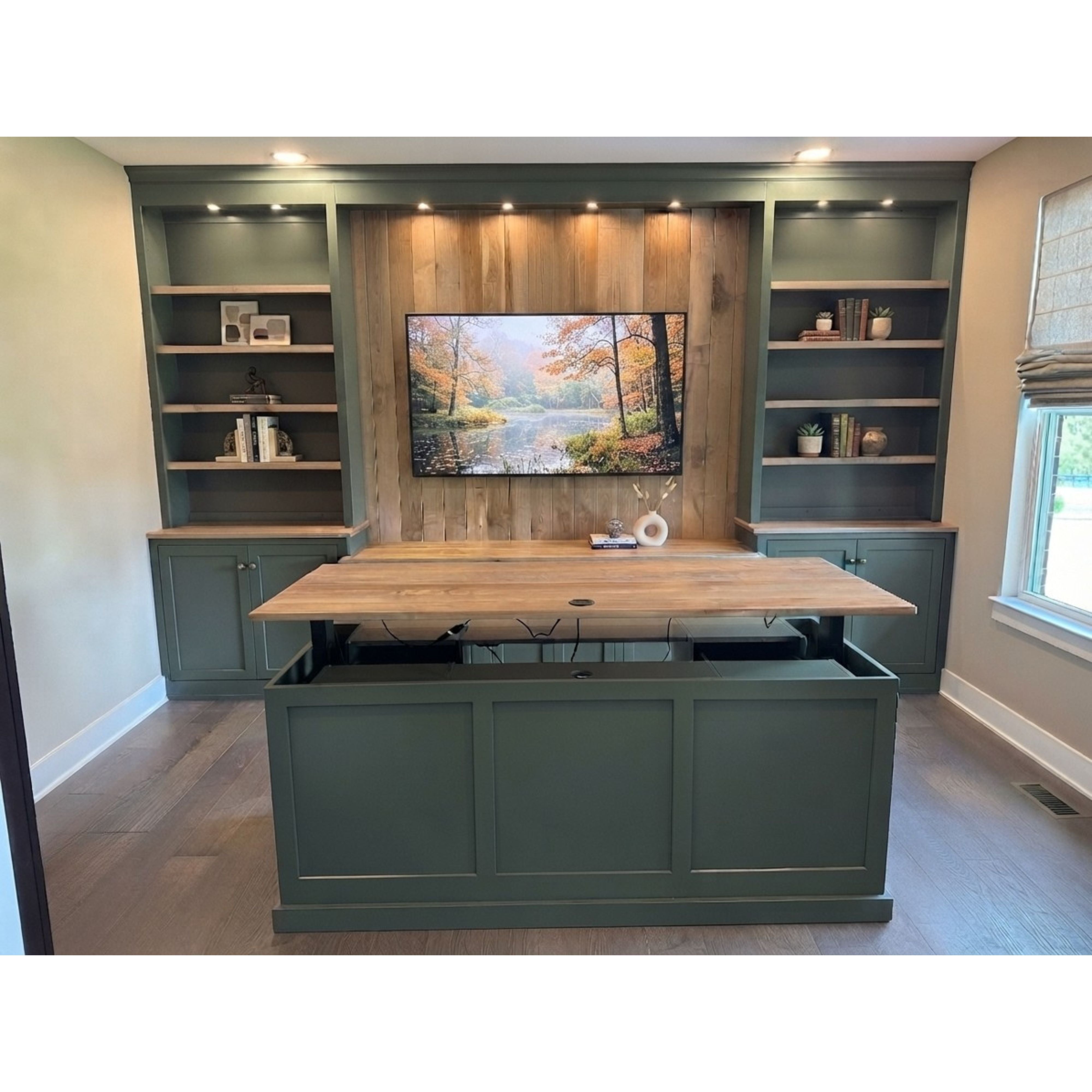 Custom Built-In Entertainment Center with Adjustable Executive Desk