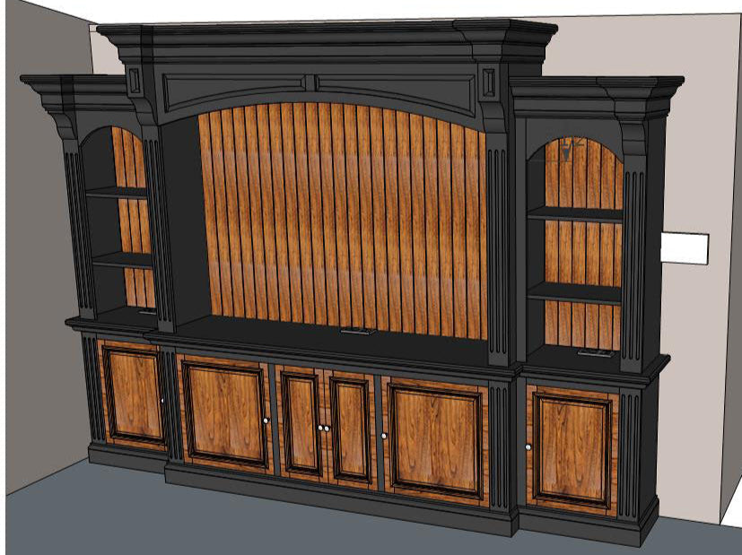 A 3D render of a large custom entertainment center helps you envision the final product in a black and wood finish.