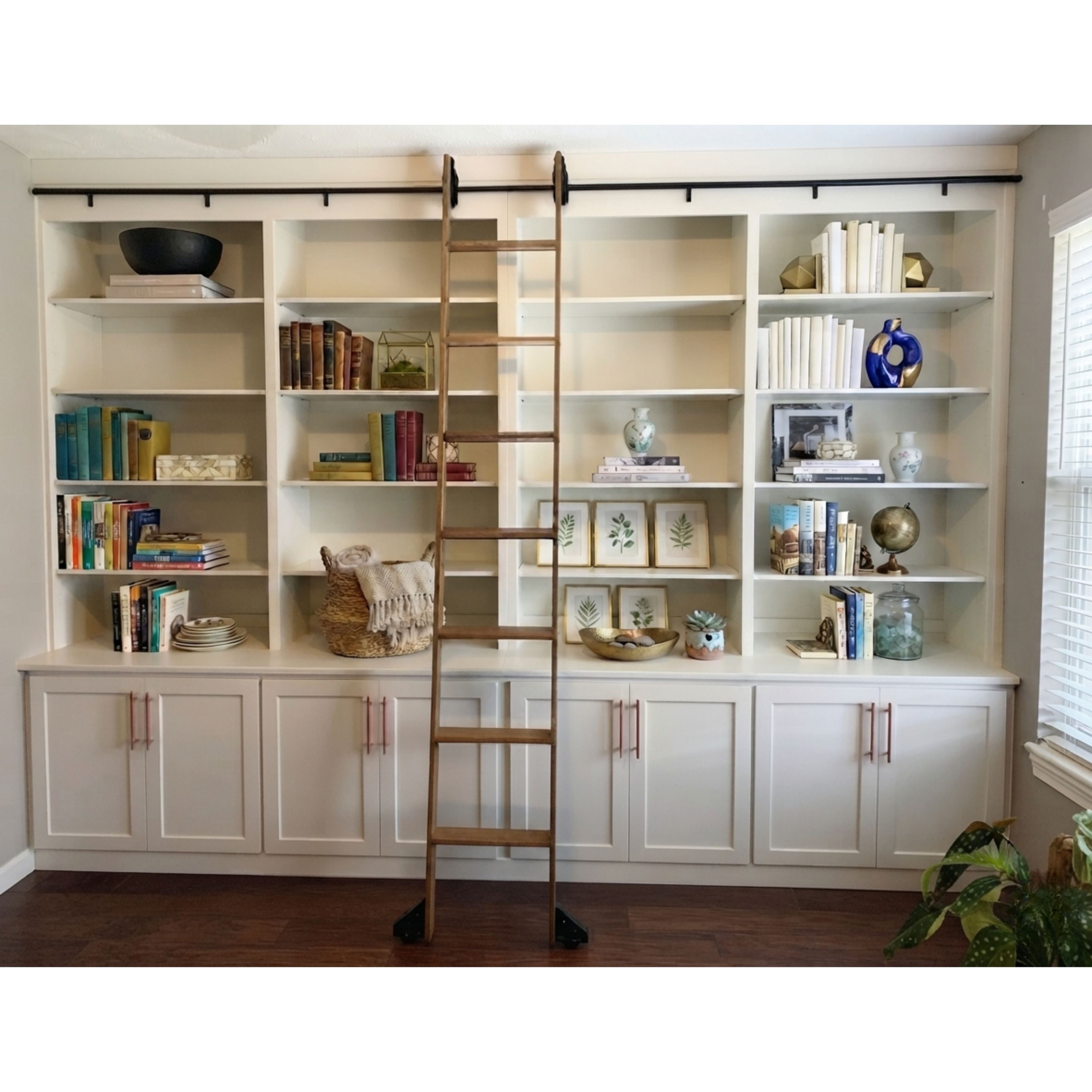 Custom Built-In Solid Wood Library Bookcase Unit with Ladder