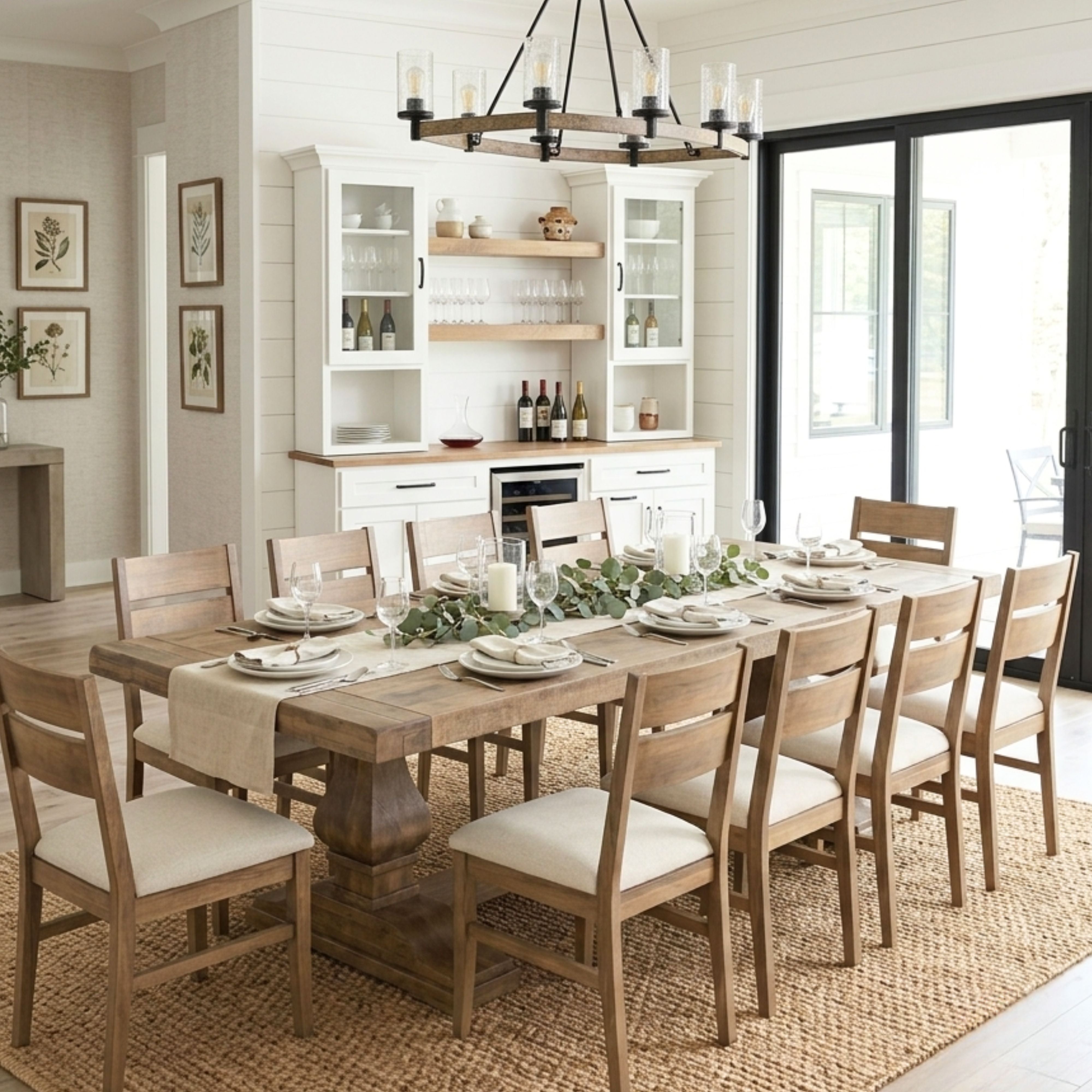 The large Hillside dining set for 10 shown in a modern dining room with a matching wine bar with mini fridge and floating shelves.