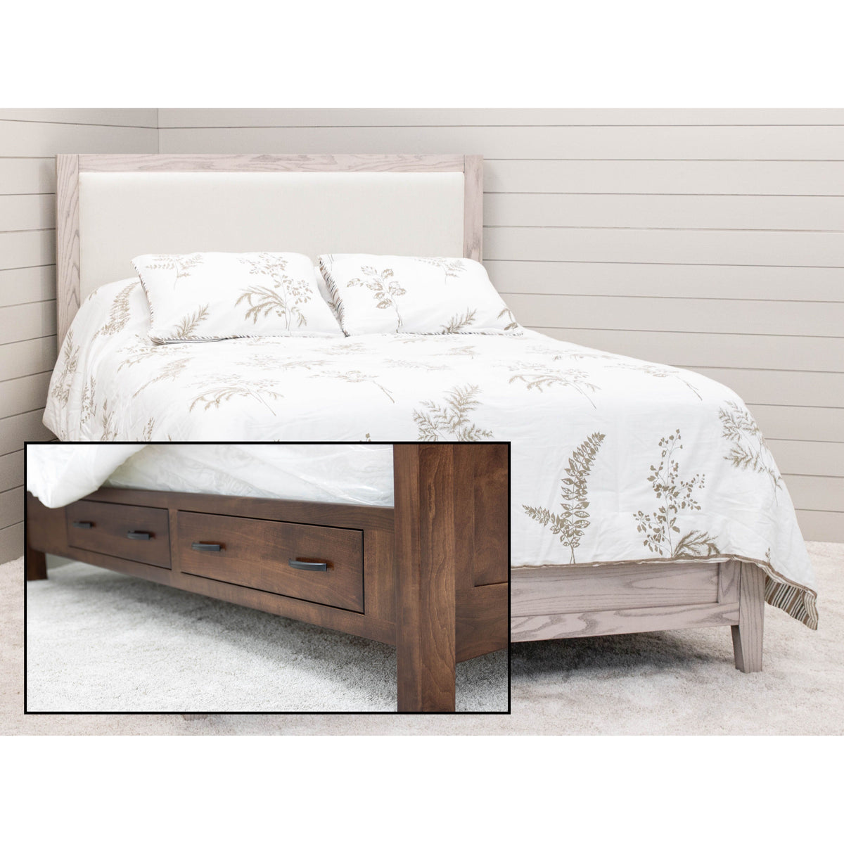 Hilton Full Oak Wood Bed with Upholstered Headboard | SS