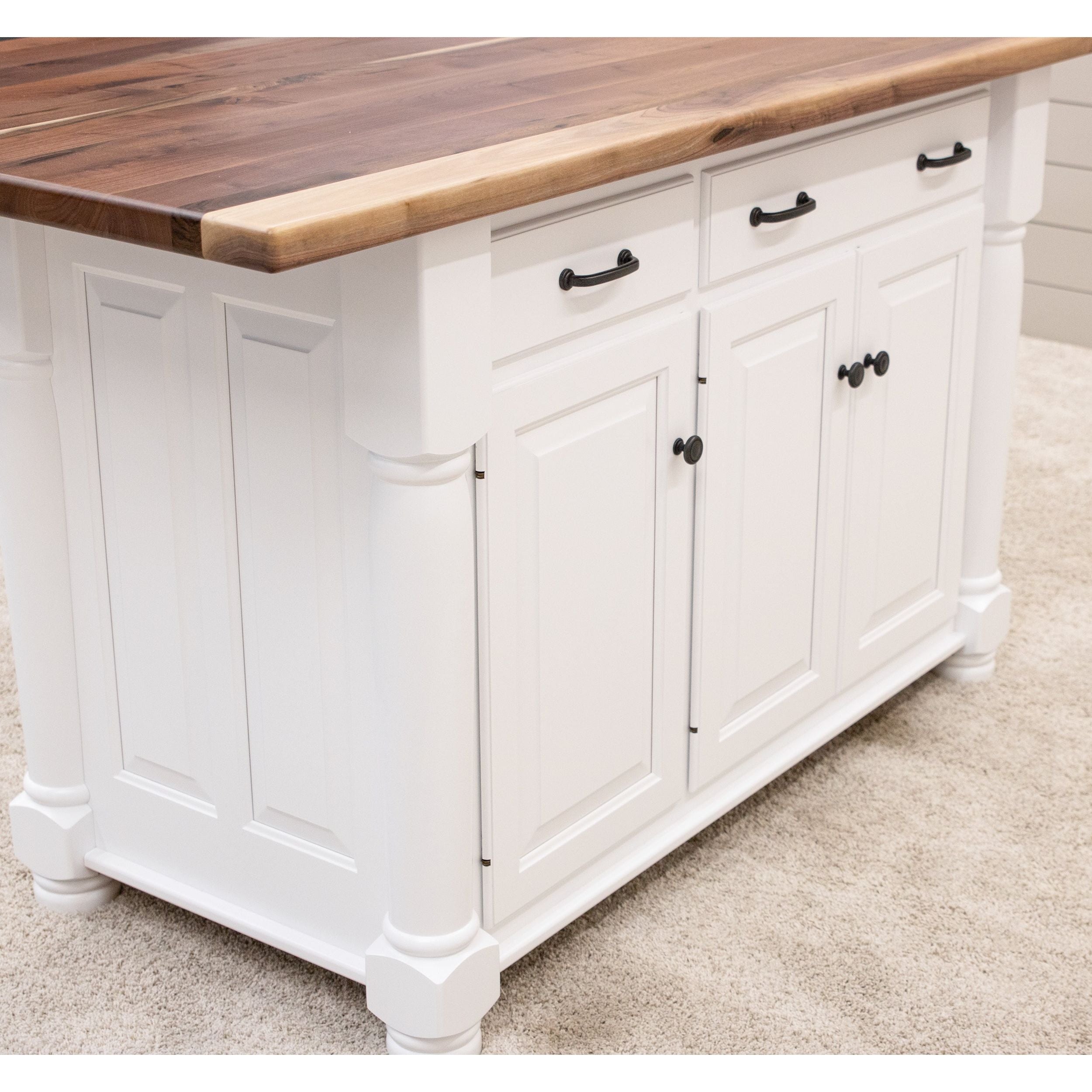 IS-98 Turned Leg White Island Cabinet with Walnut Wood Butcher Block Top | DW&NAT