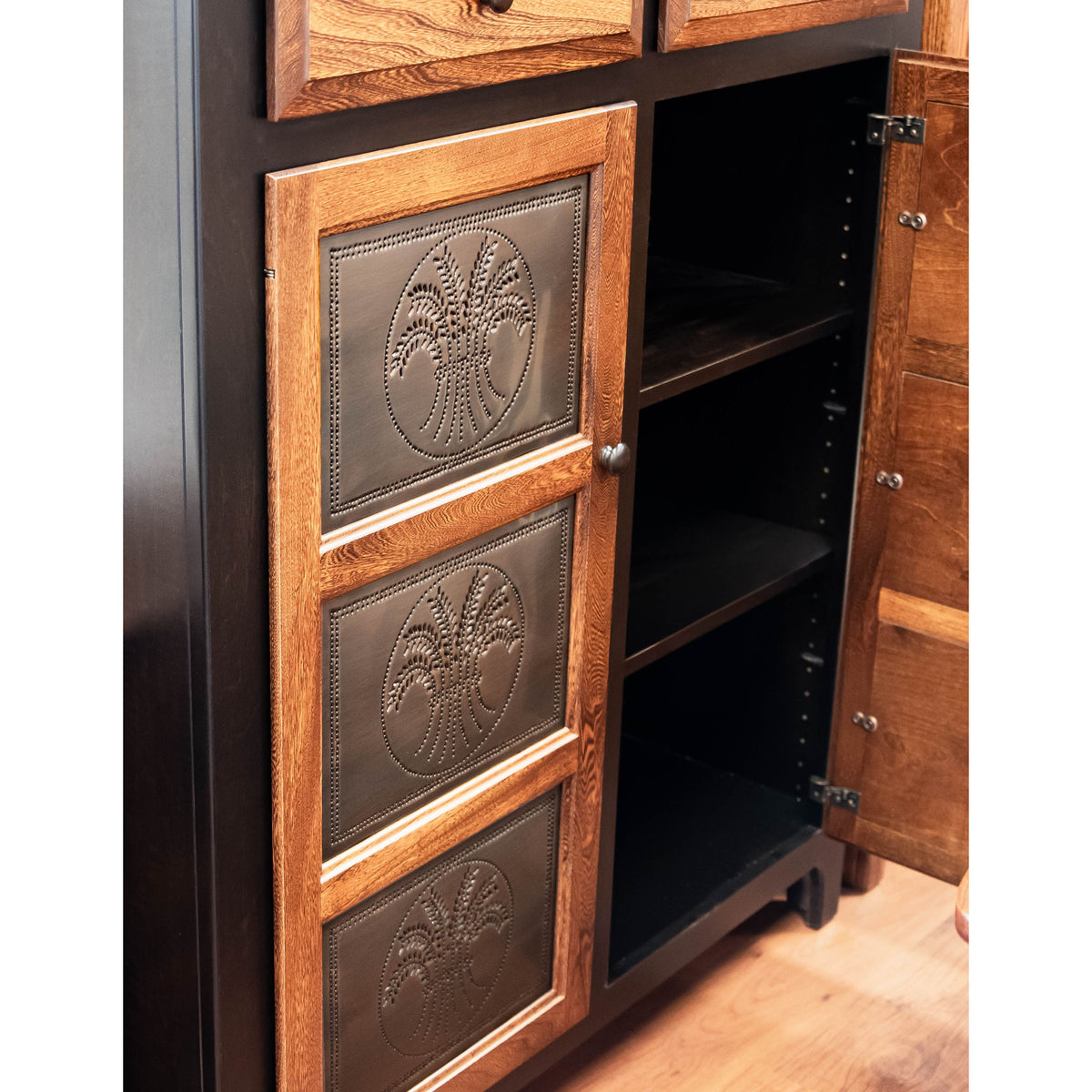 Double Door Black & Wood Pie Safe with Wheat Tins | M-EB&E-MC