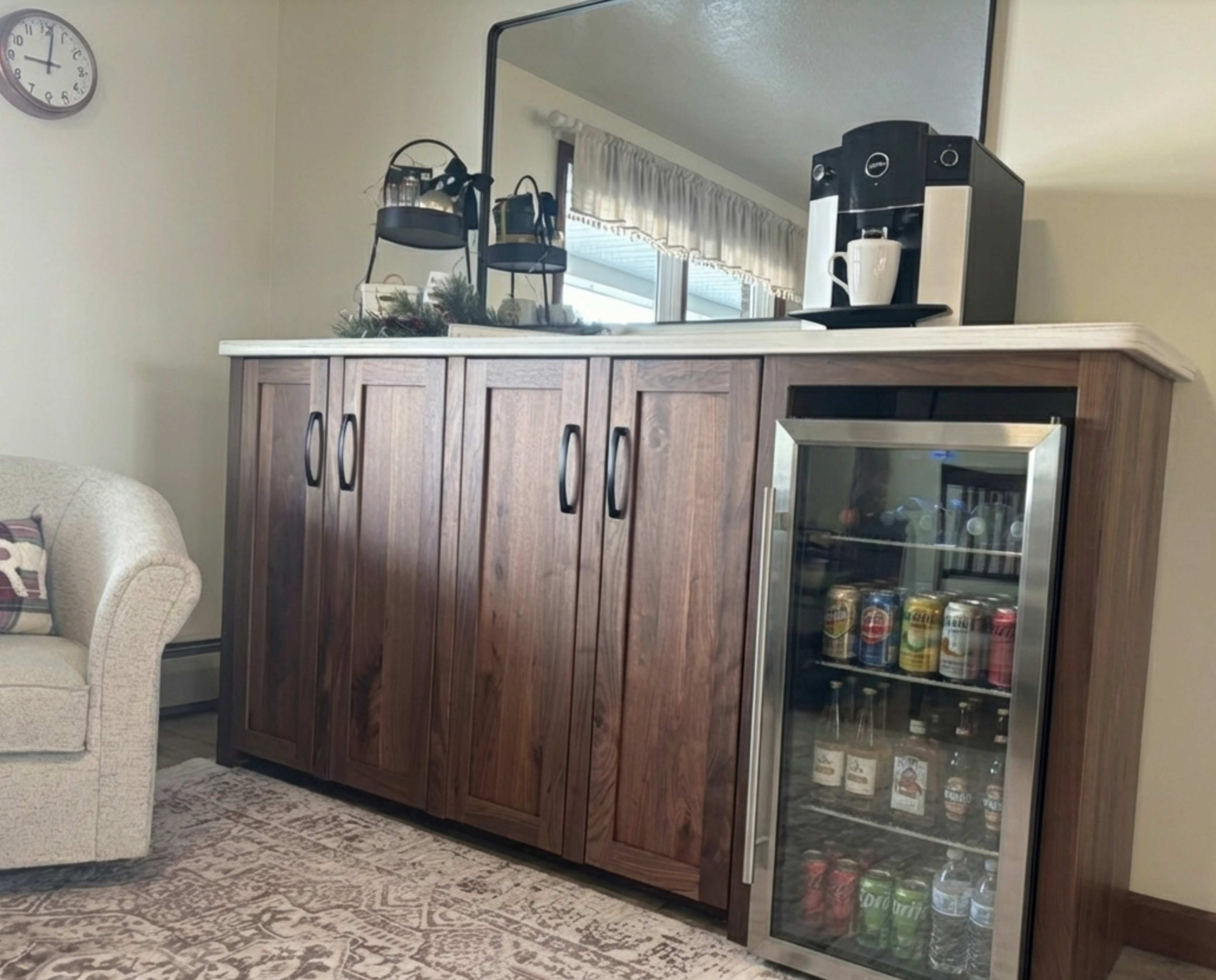 Large Custom Solid Walnut Wood 4-Door Coffee Bar Cabinet with a Mini Fridge