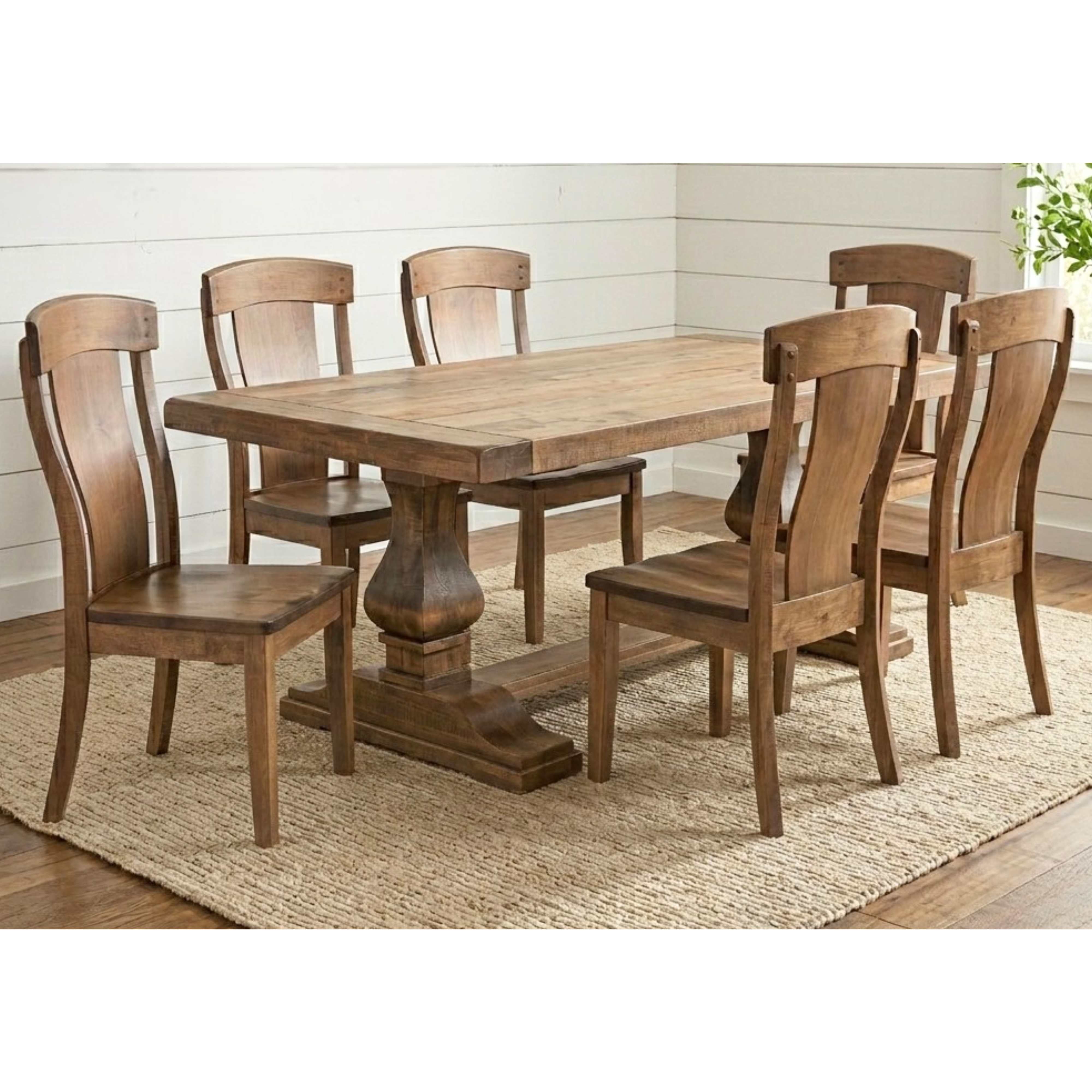 Large modern extendable pedestal dining table and 6 wooden chairs in solid Maple wood with a light stain color