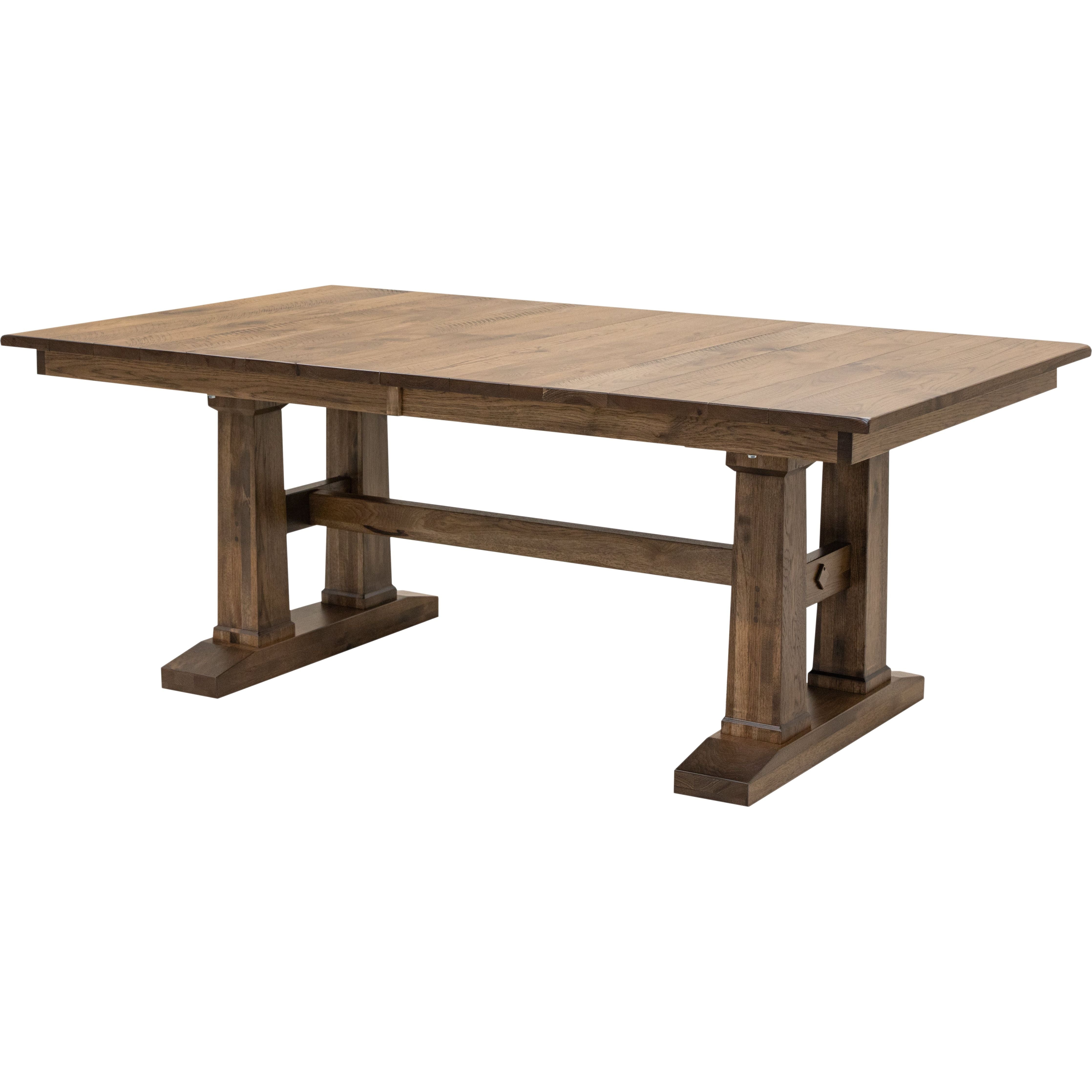 A solid Hickory wood Amish extending dining table with self-storing leaves and sturdy Rowan trestle base