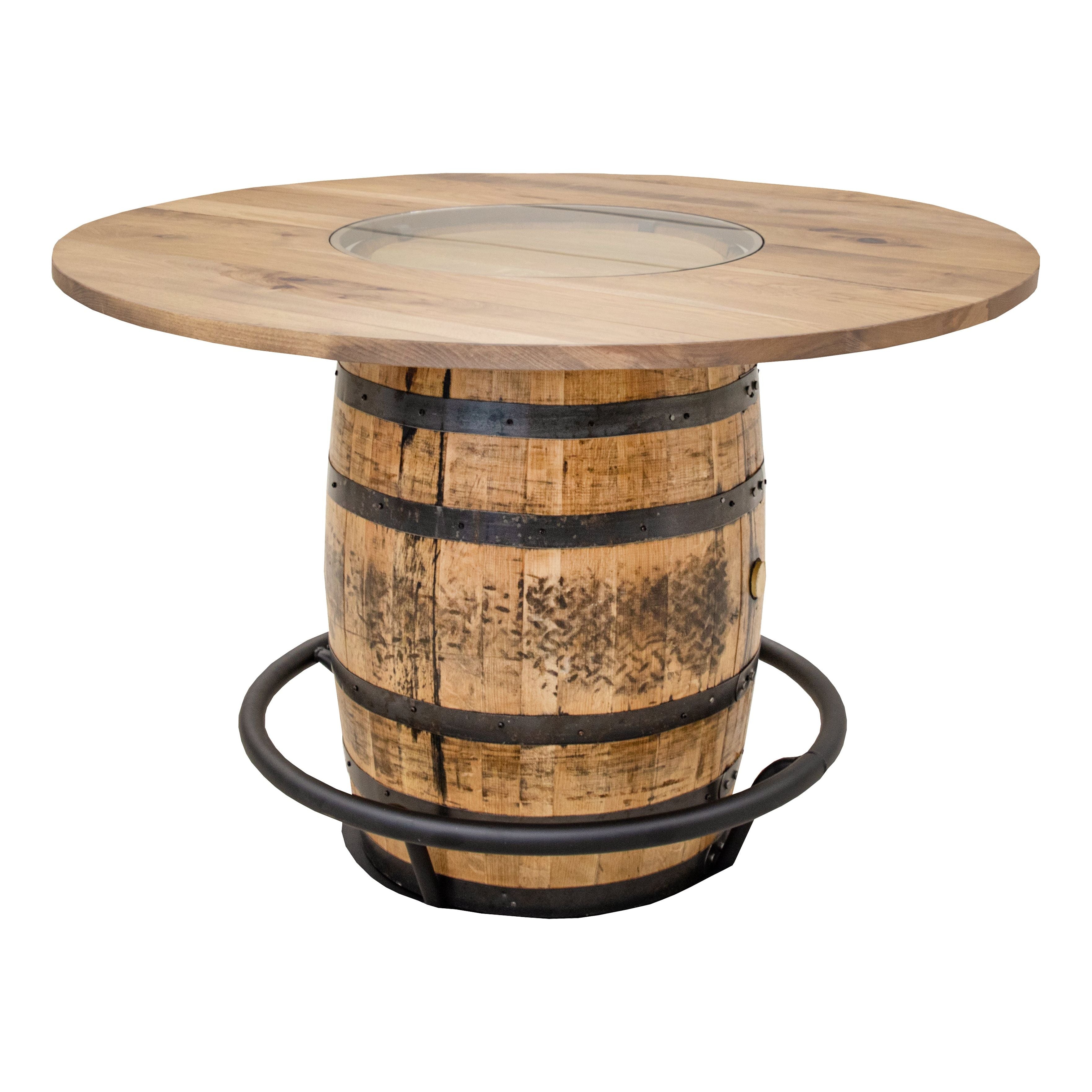 Round Whiskey Personalized Rustic Hickory Wood Single Barrel Pub Table | WB