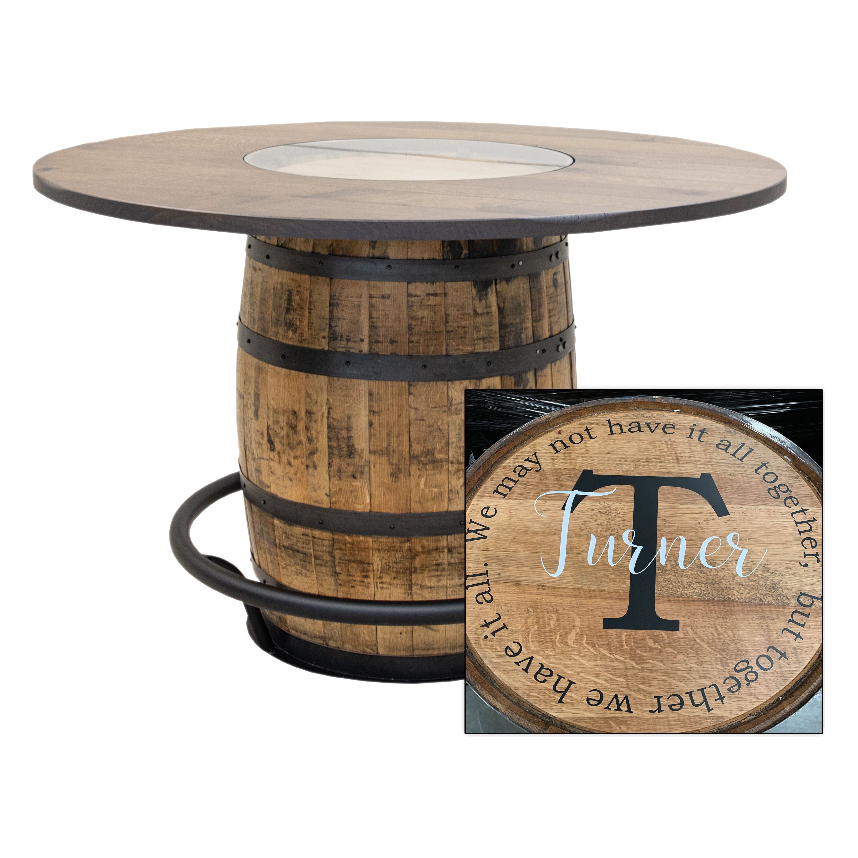 Round Whiskey Personalized Rustic Quarter Sawn White Oak Wood Single Barrel Pub Table | SB