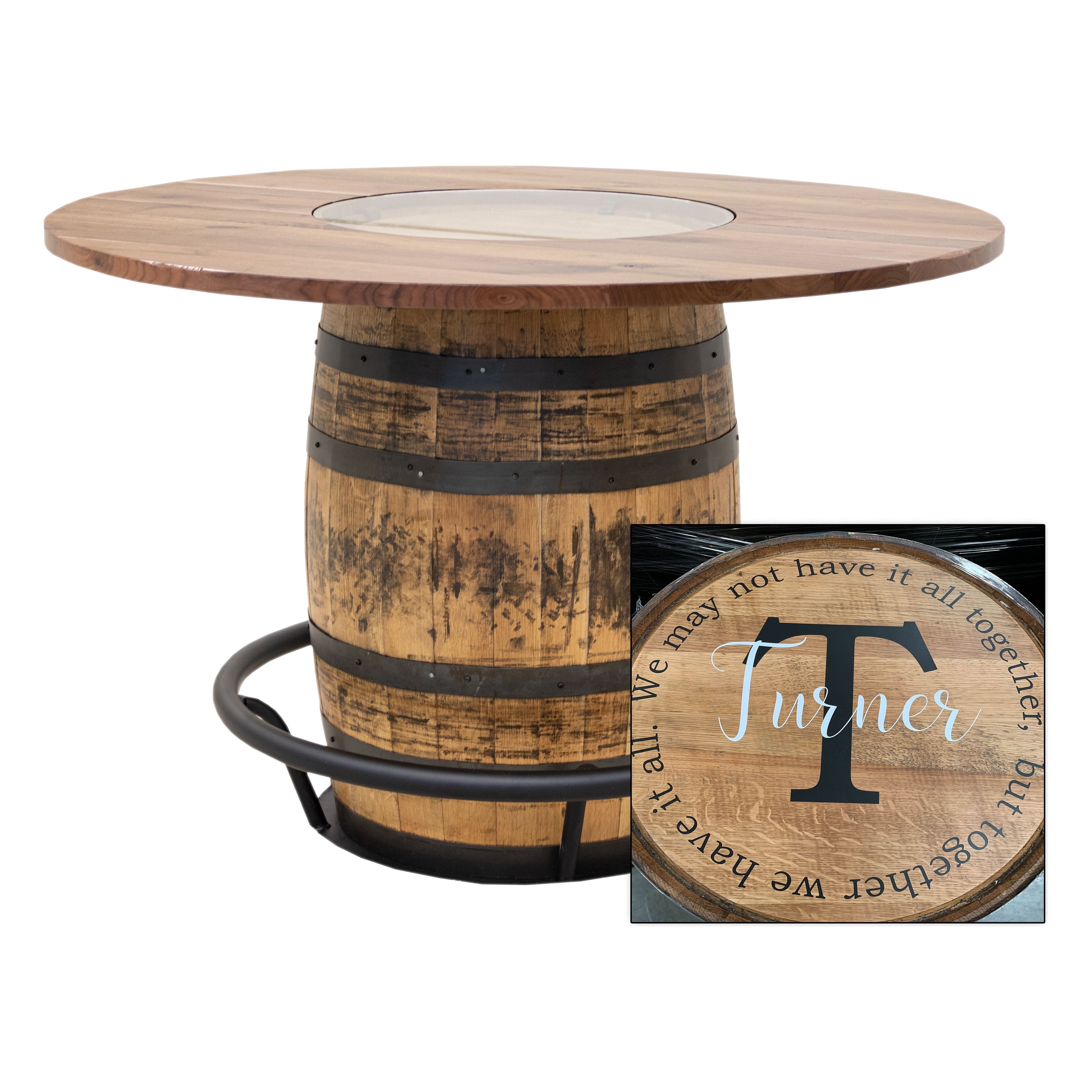Round Whiskey Personalized Rustic Walnut Wood Single Barrel Pub Table | NAT