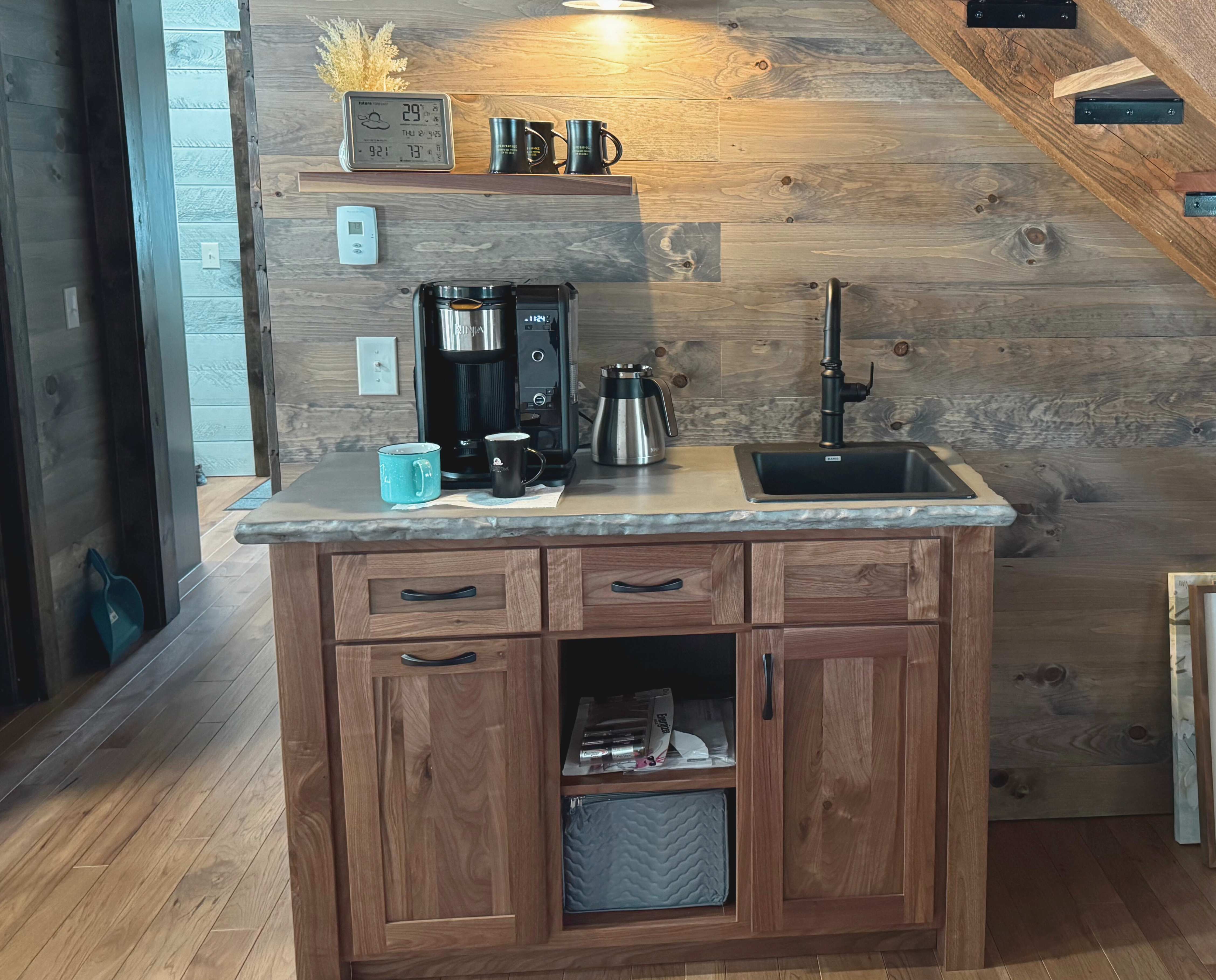 Small Custom Walnut Coffee Bar with wet sink in cozy cabin home