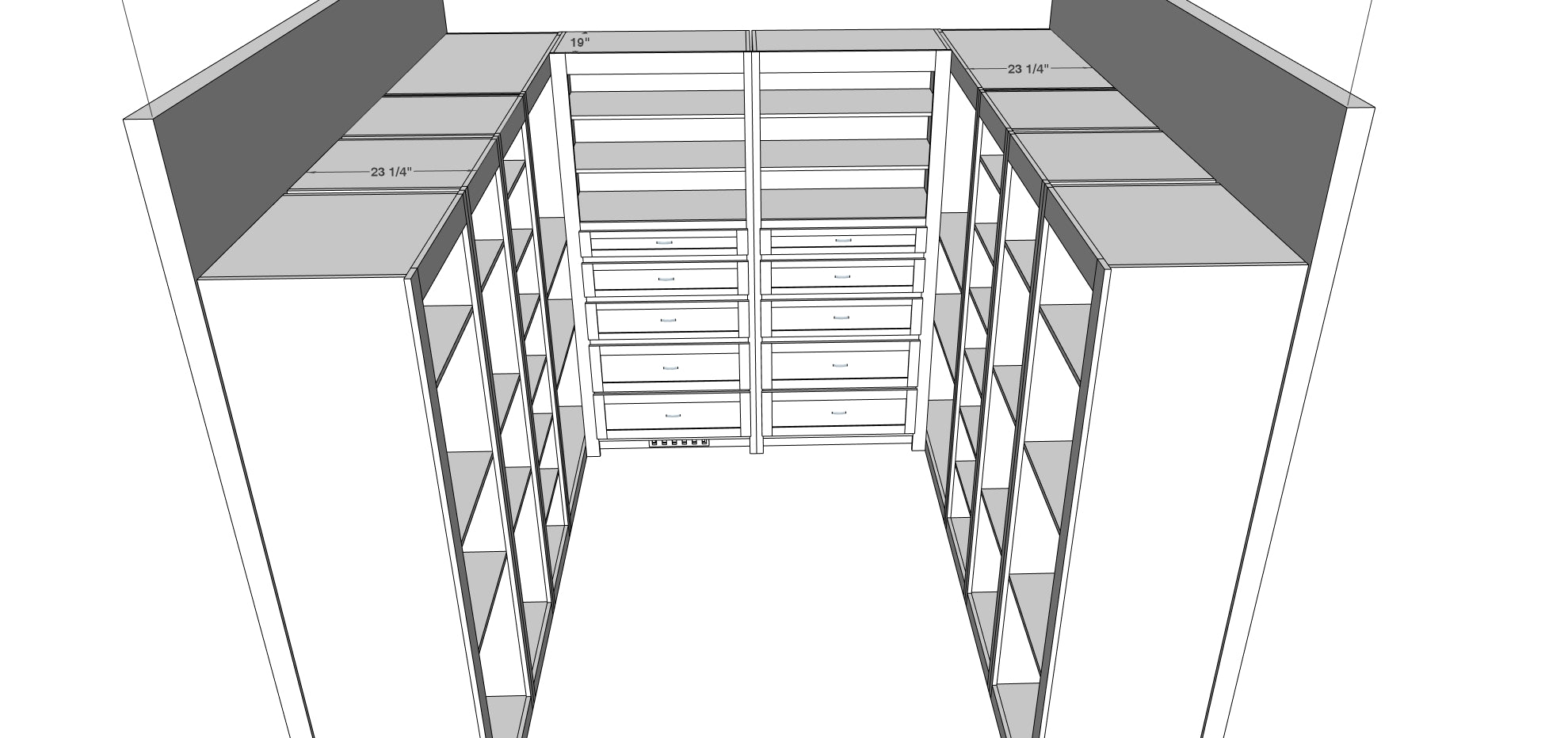 The 3D drawing shows a custom closet ready to be installed into the home.