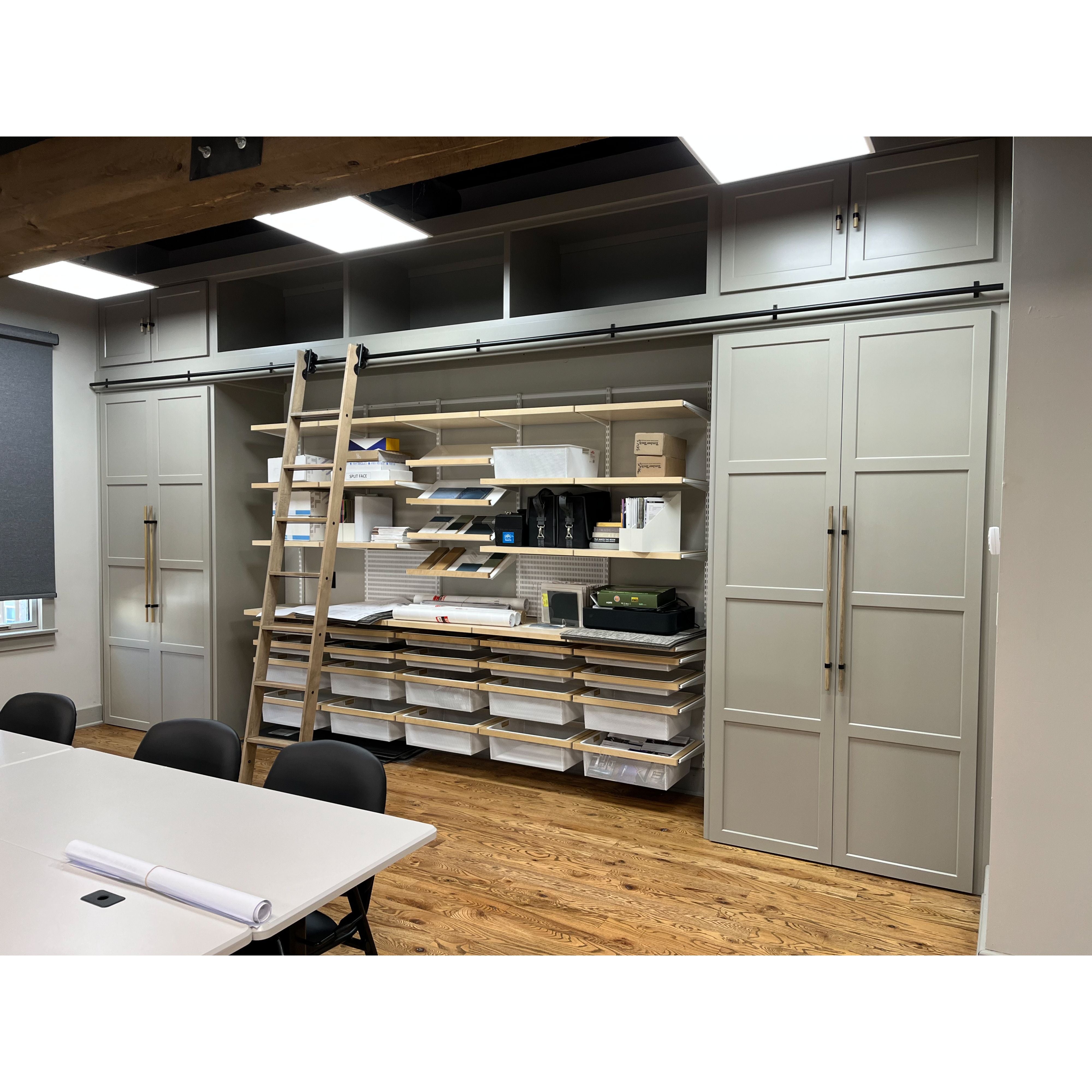 Custom Built-In Solid Wood Ladder Office Storage Wall Unit