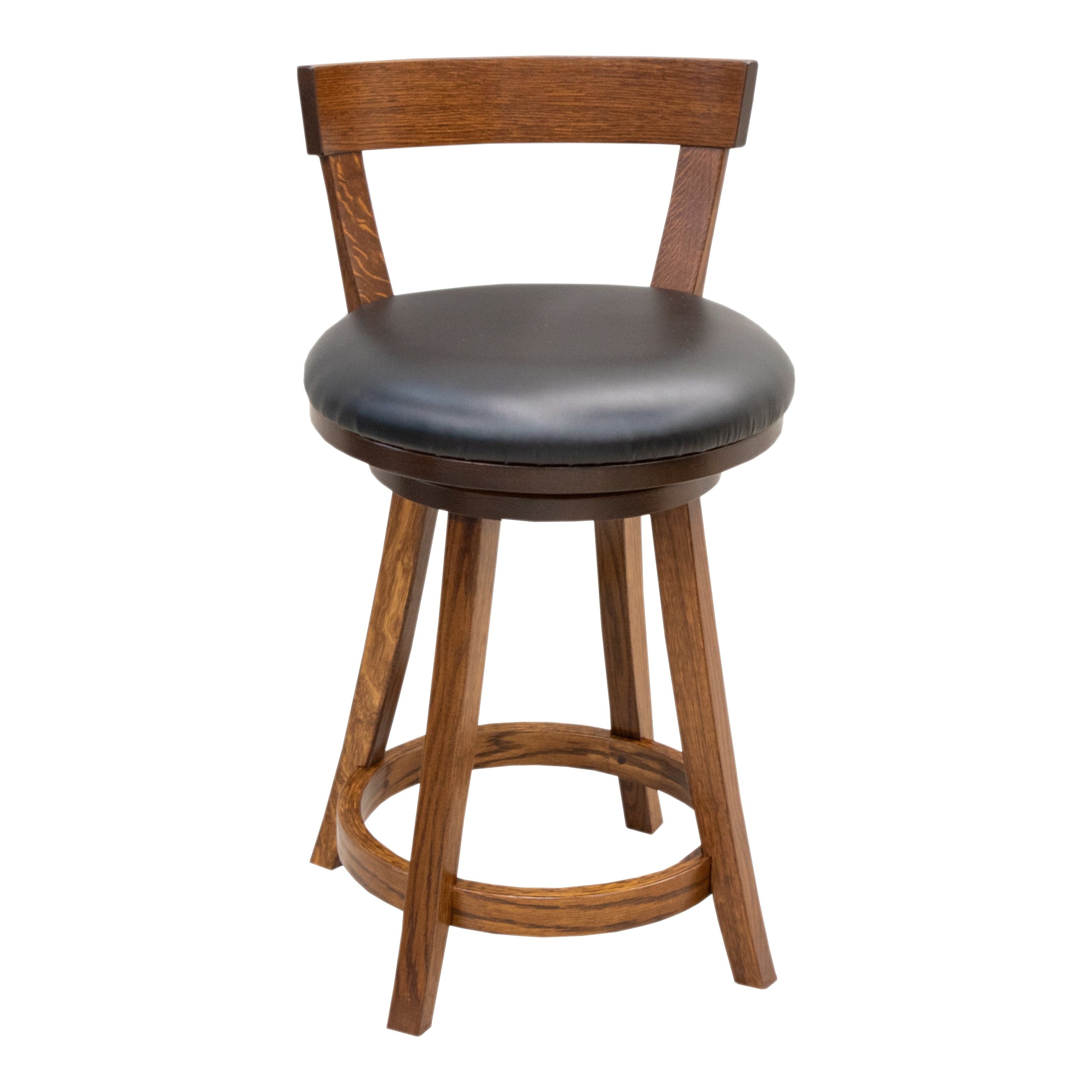 Turnstone 24" Rustic Quarter Sawn White Oak Wood Swivel Bar Stool with Black Faux Leather Seat | GB