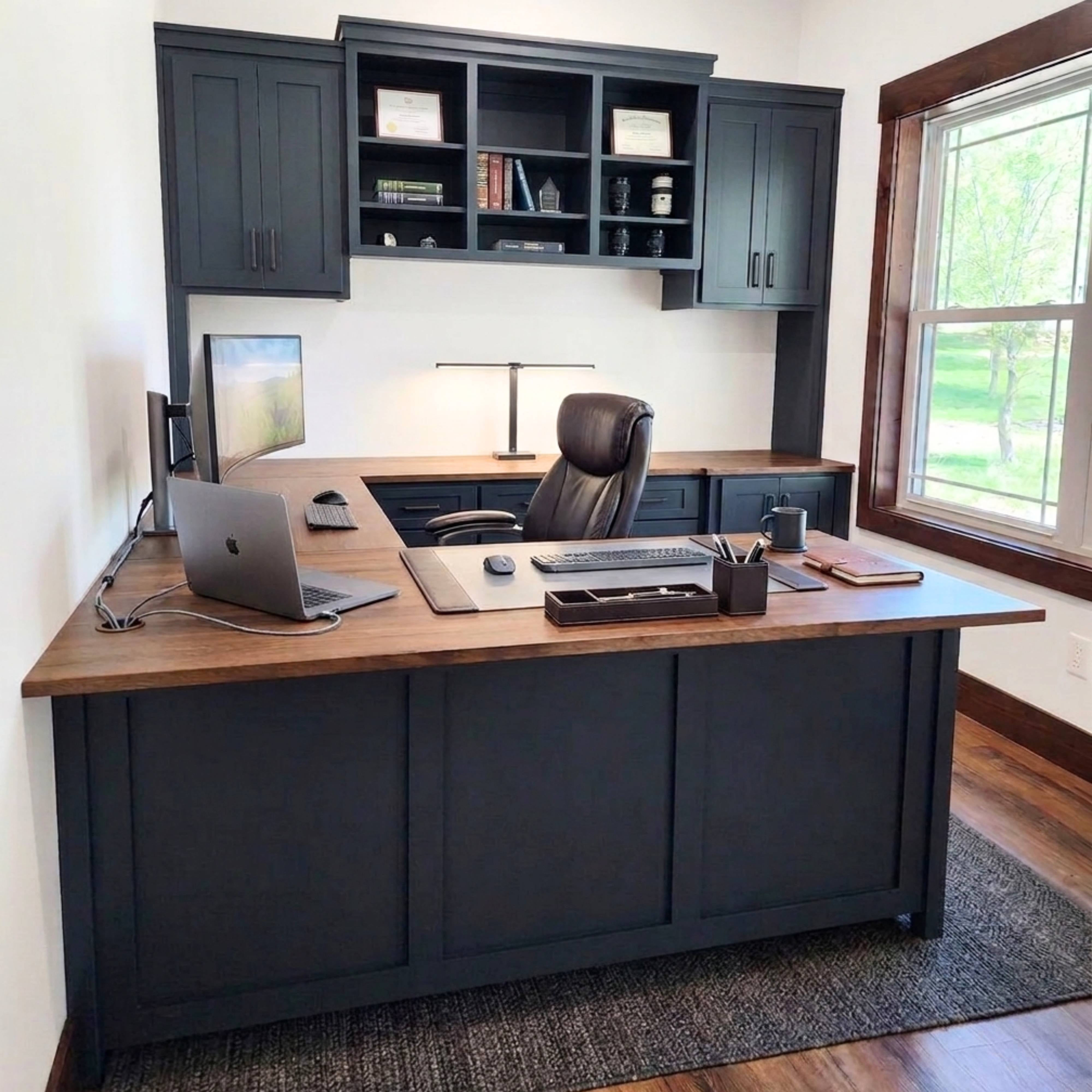 Custom Built-In Rough Sawn U-Shaped Office Desk Unit