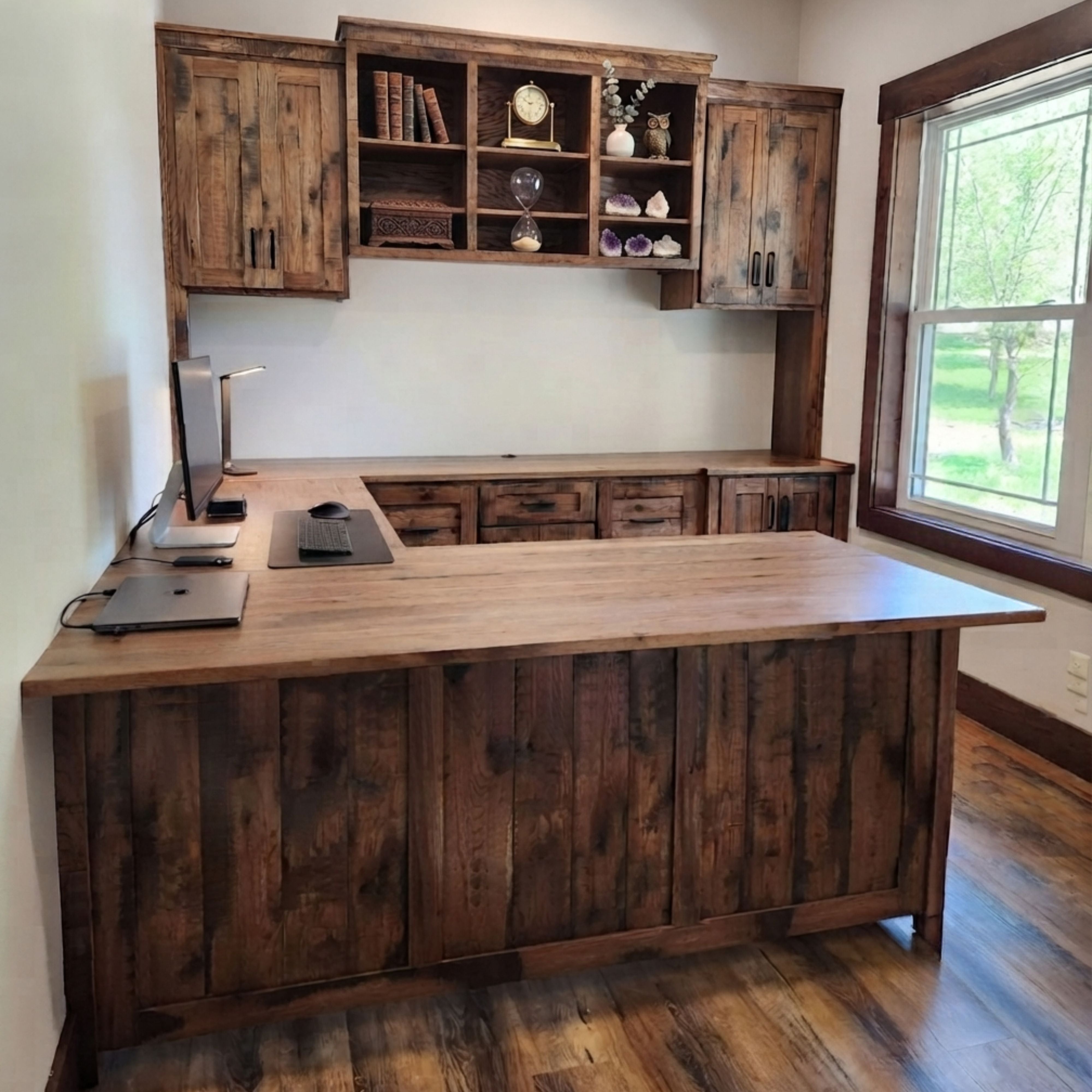 Custom Built-In Rough Sawn U-Shaped Office Desk Unit