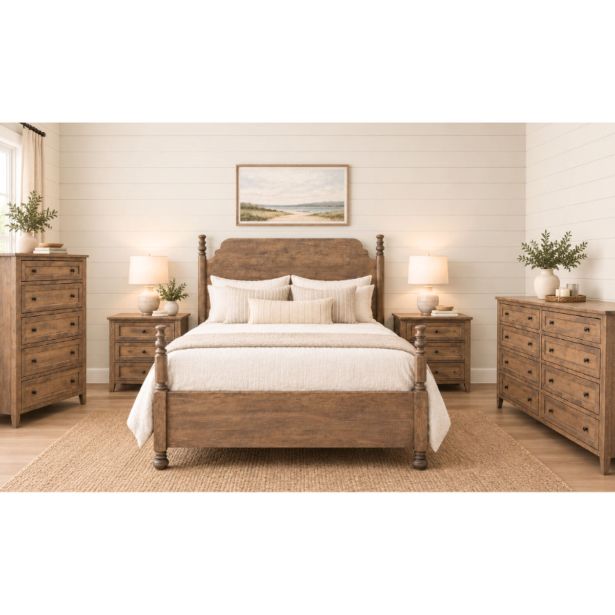 Modern Light Wood Queen Bedroom Set with Four Poster Platform Bed