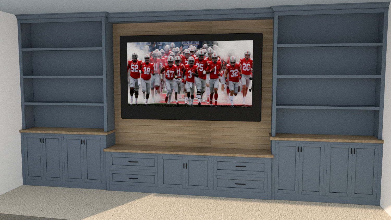 See the built-in entertainment center come to life with the detailed 3D rendering of your custom wall unit.