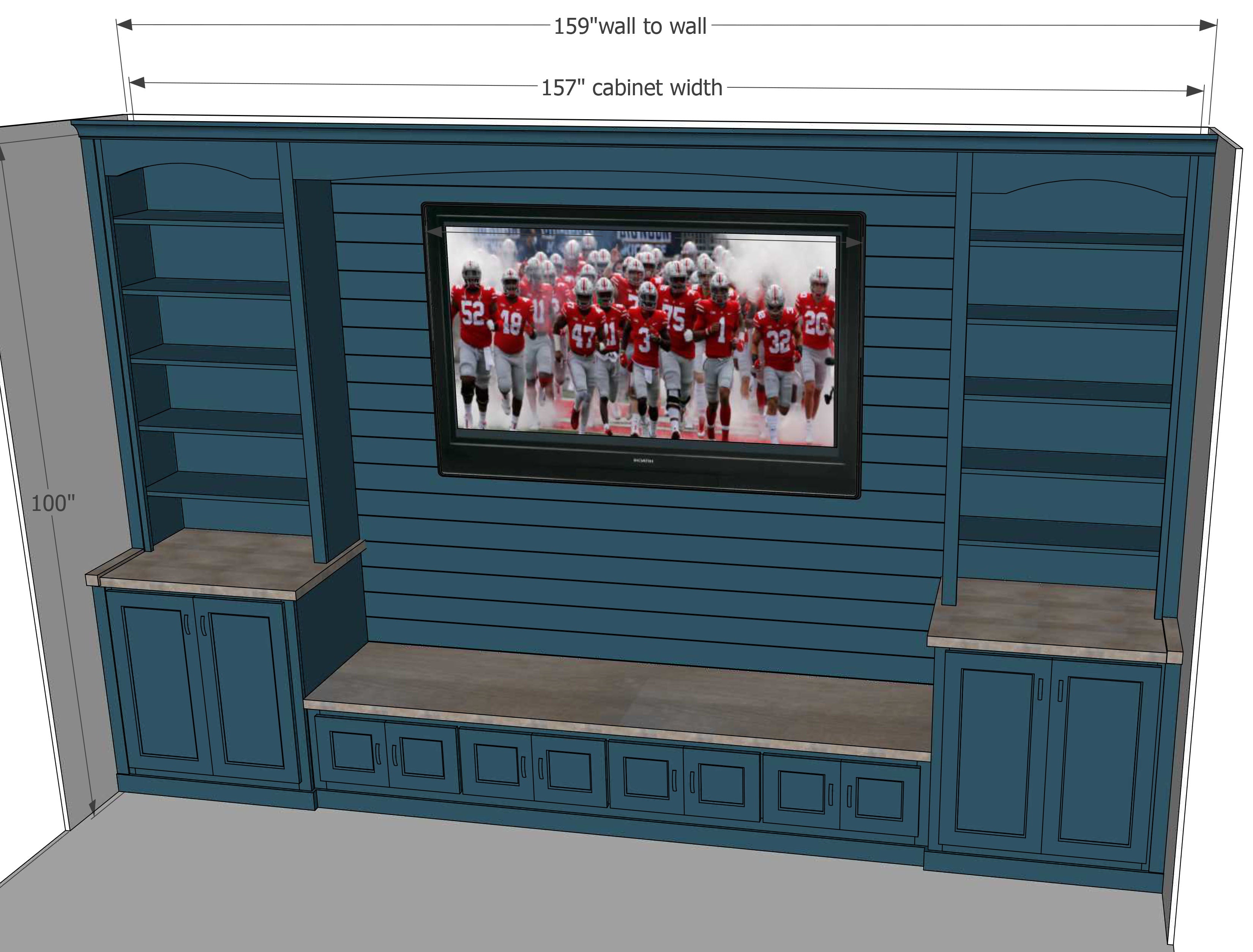 Our final 3D render for the custom wall to wall entertainment center includes dimensions and details for customer review.