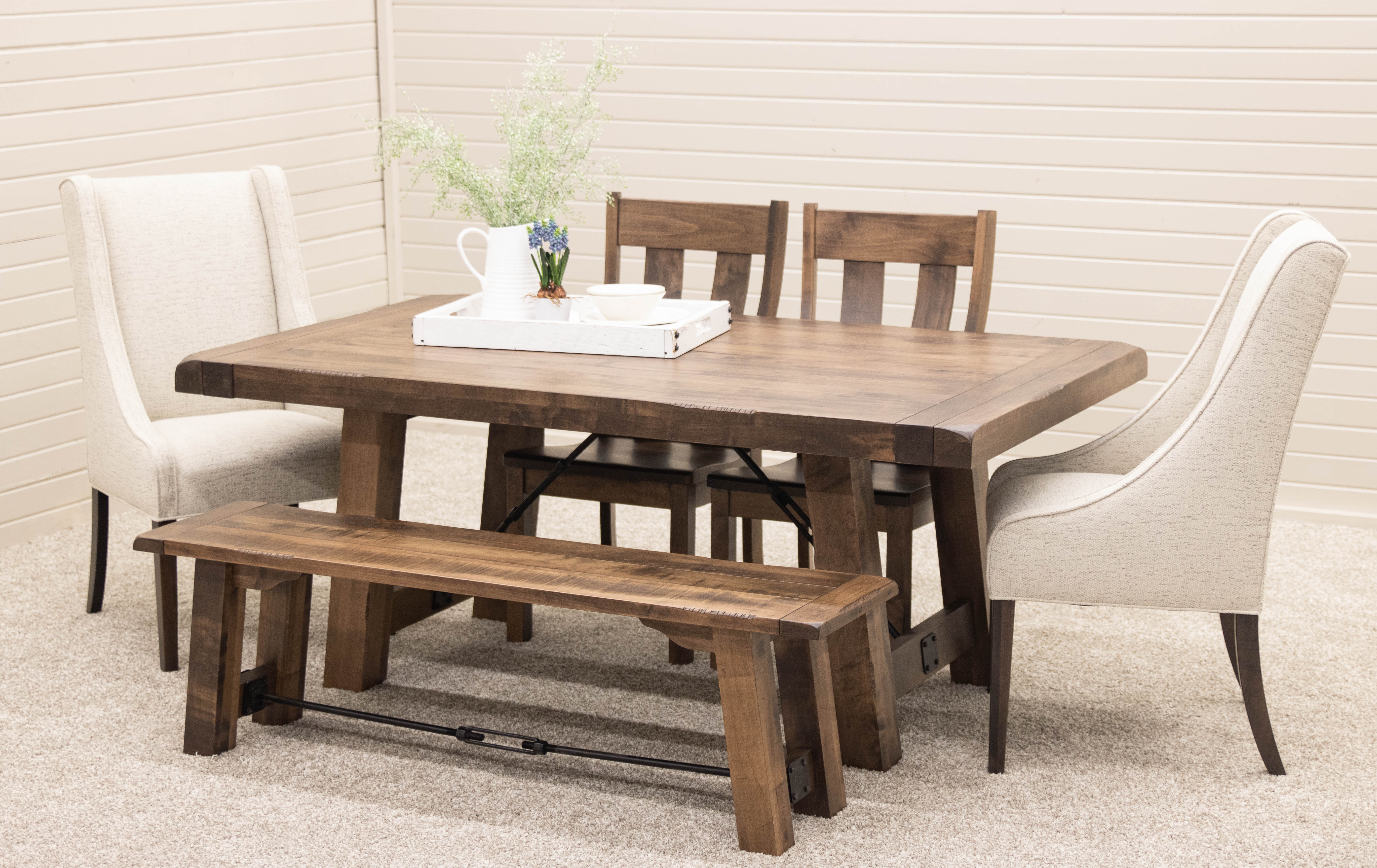 Settler's Trestle Dining Set with Wooden & Fabric Chairs