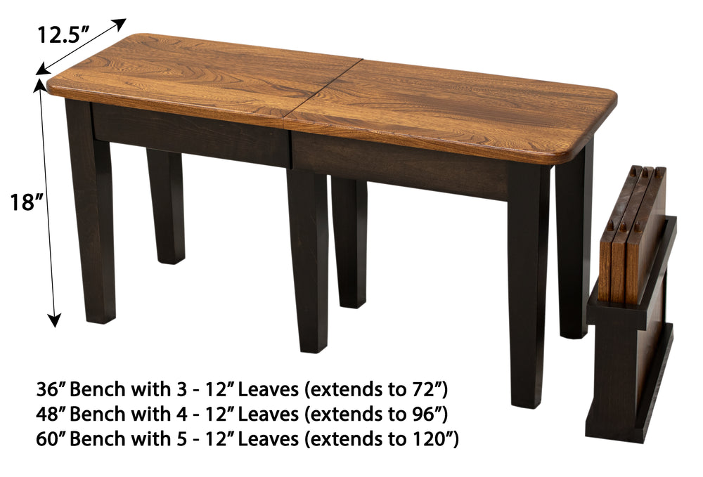 Shaker Leg Solid Maple Wood Expandable Bench in Rich Cherry Color