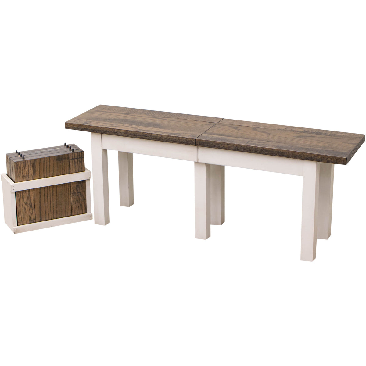 Straight Leg White & Wood Expandable Dining Bench in Maple & Oak Wood