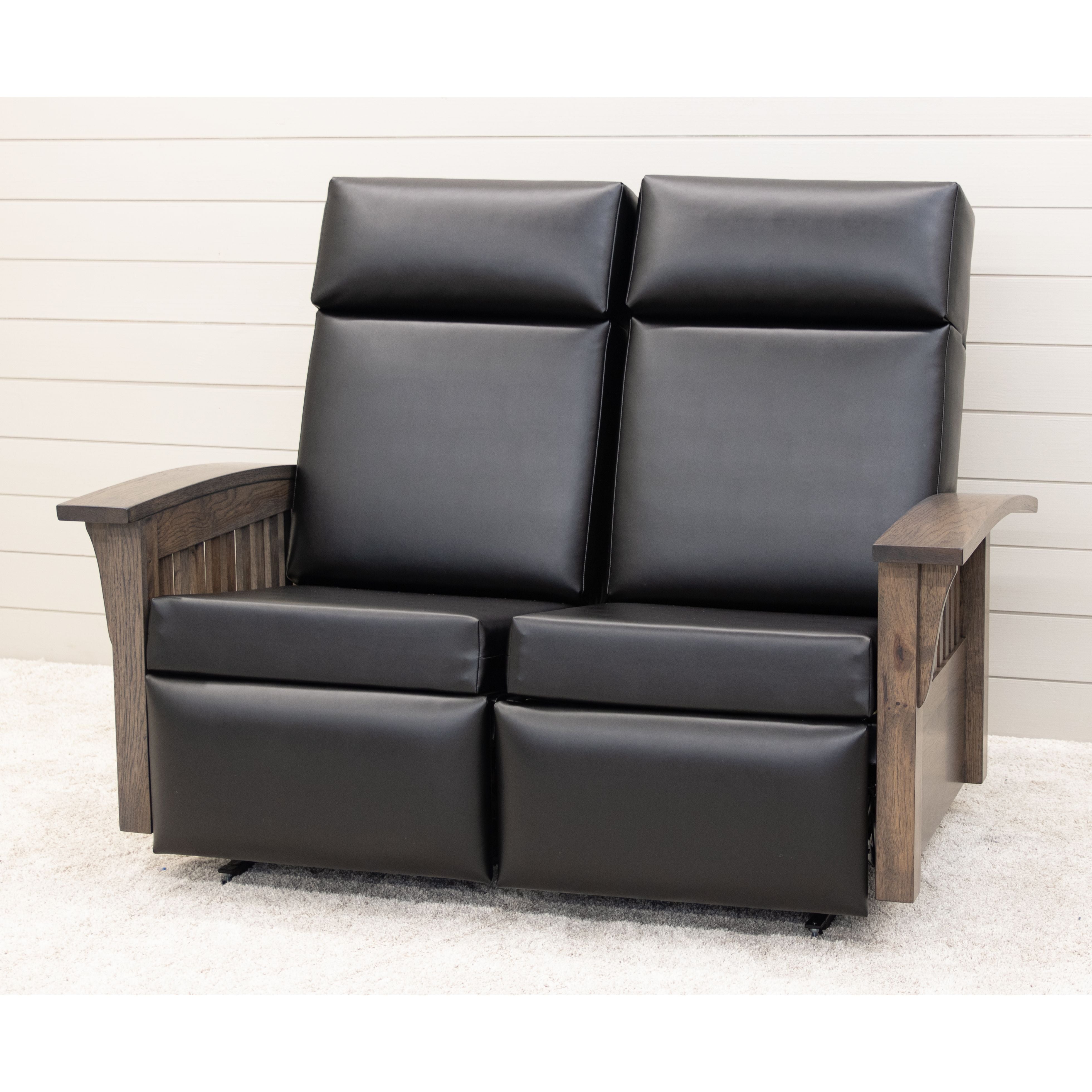 Mission Black Faux Leather Reclining Loveseat with Wood Arms