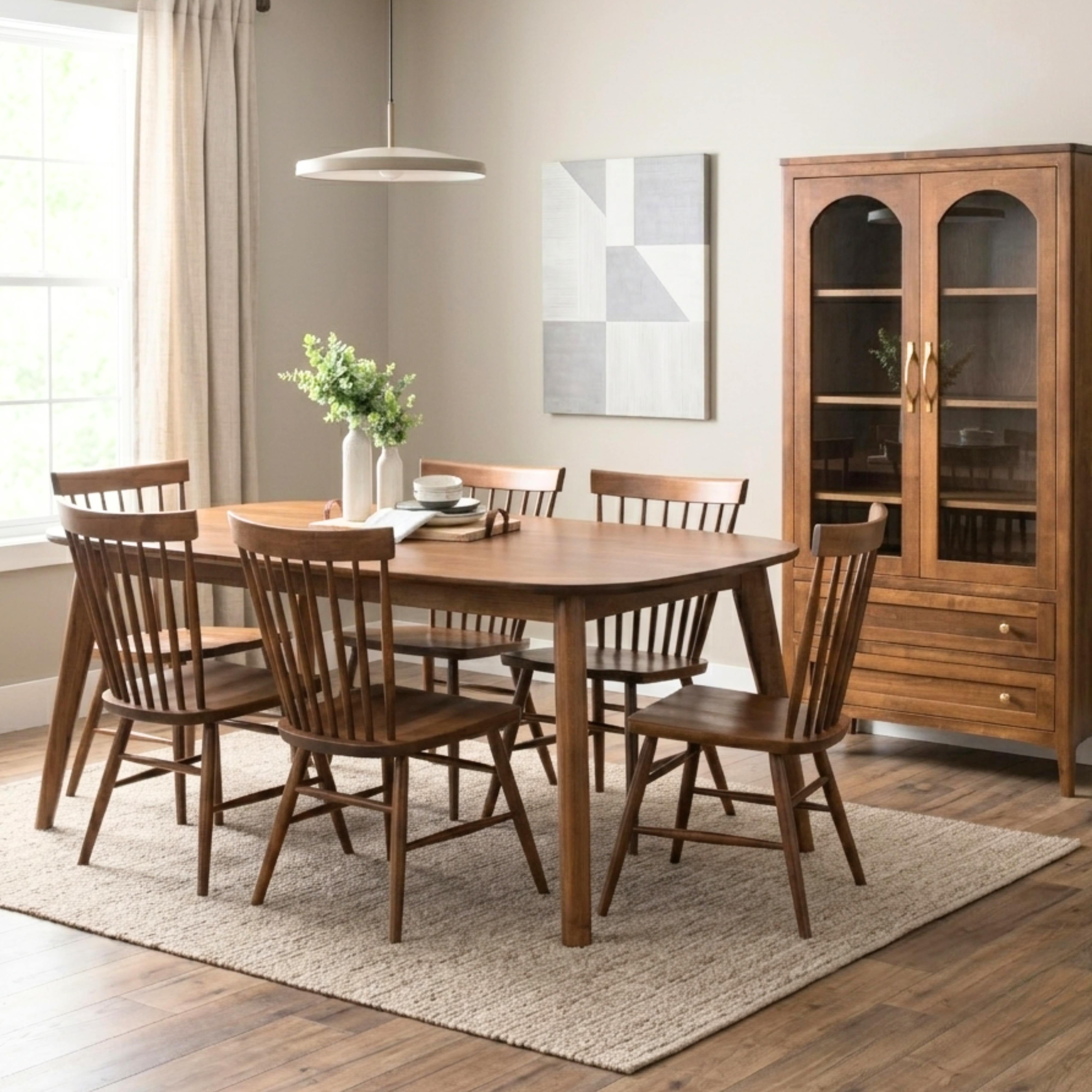 Modern oval dining table set for 6 people with matching display cabinet in solid Maple wood
