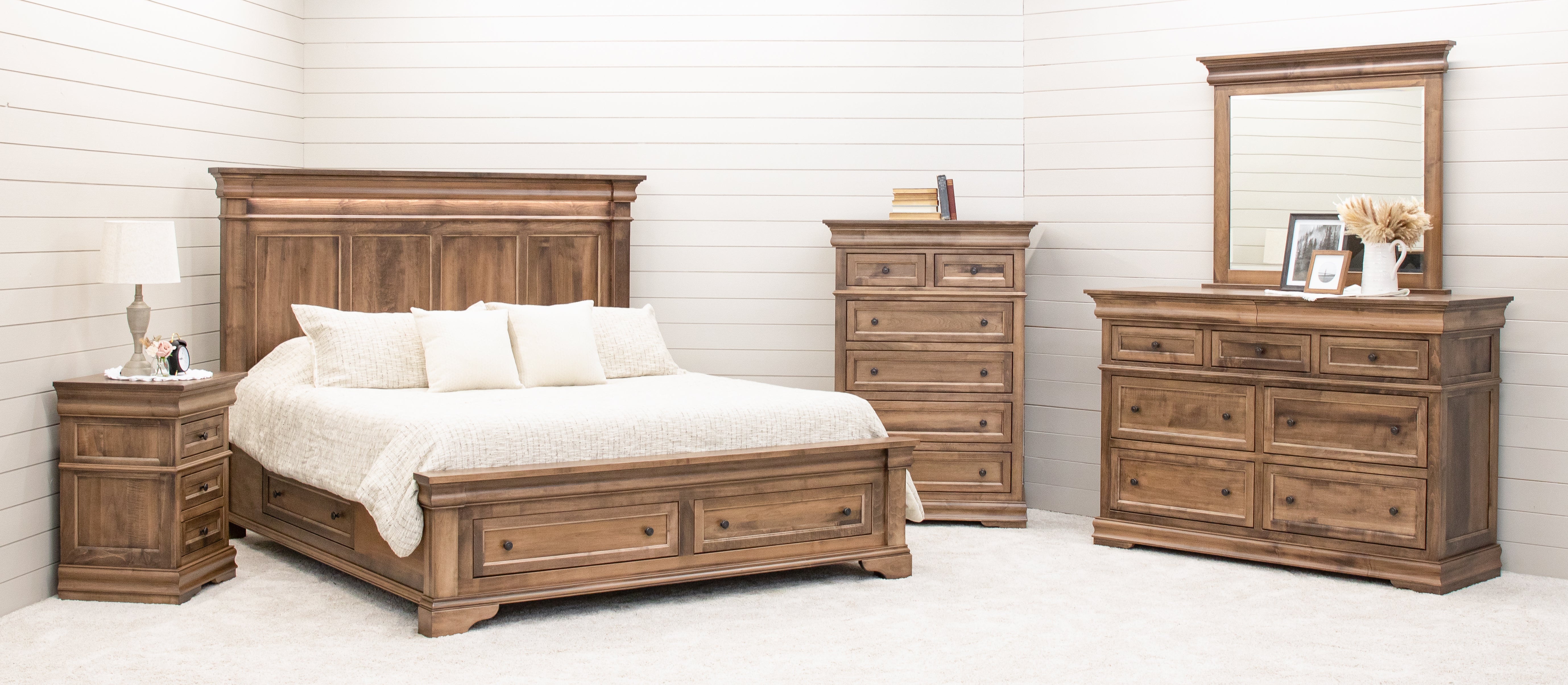 Belmont In Stock Amish Bedroom Set in Maple solid Wood with king storage bed, dresser, mirror, chest and nightstand.