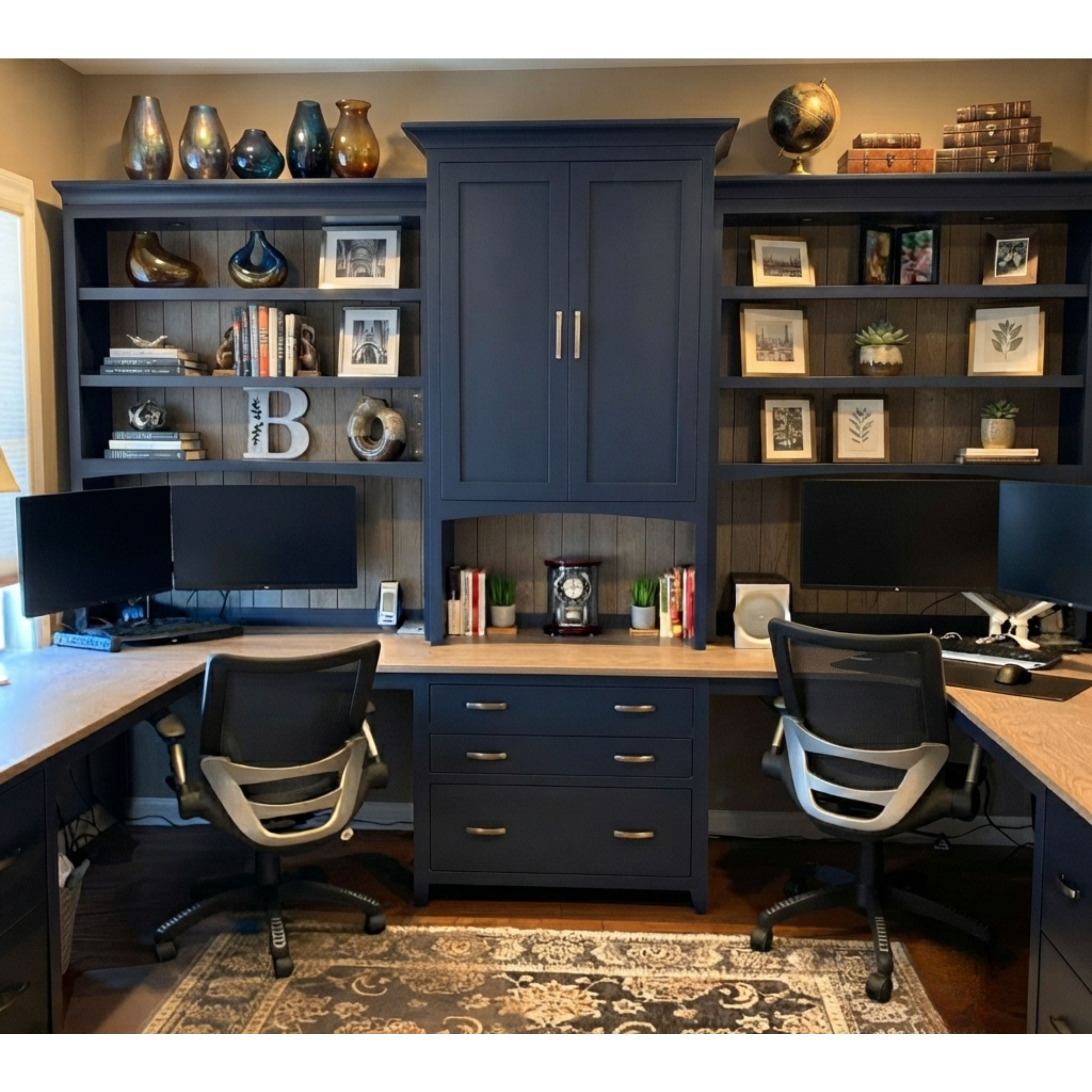 Custom Two-Toned Wrap Around Desk with Built-in Bookshelves