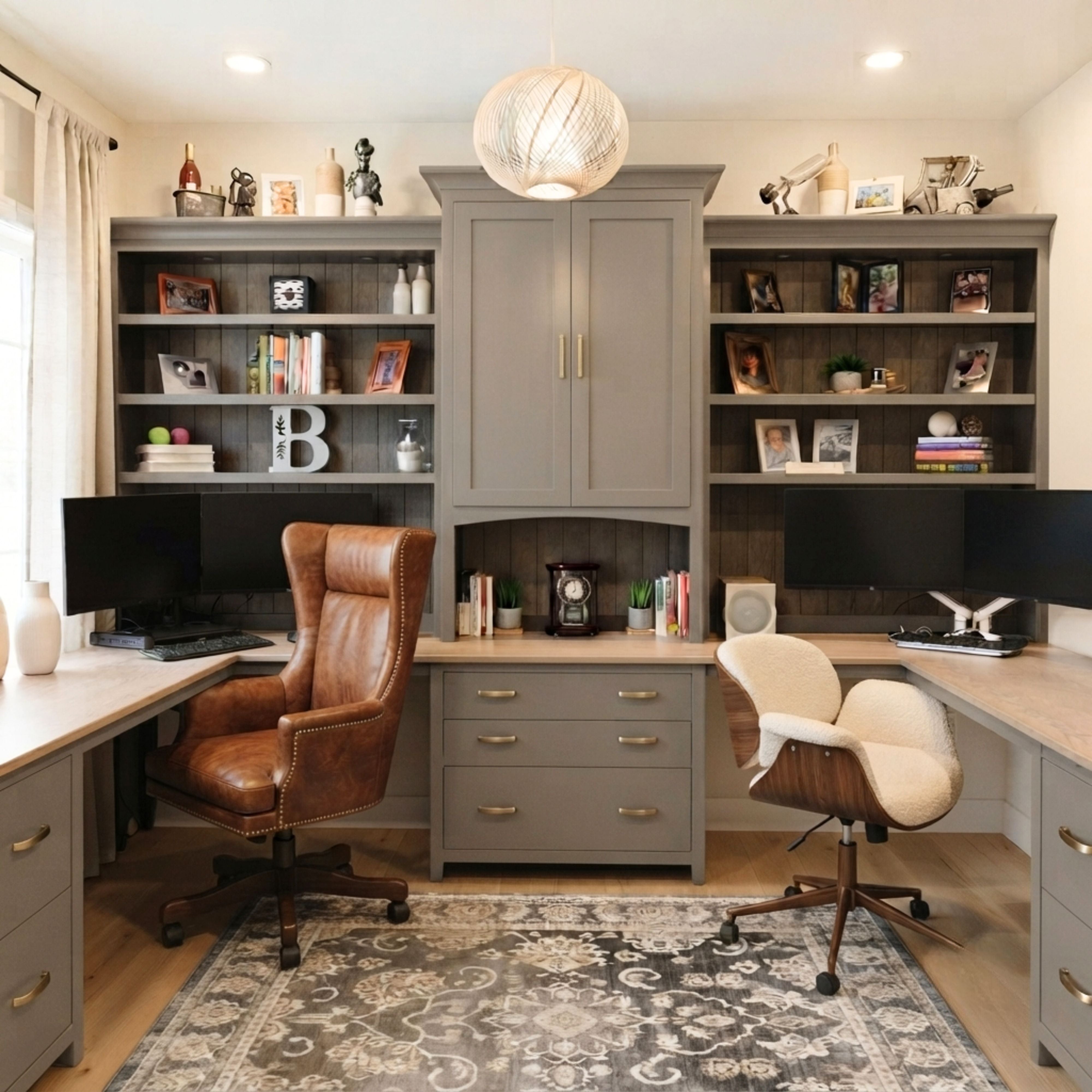 Custom Two-Toned Wrap Around Desk with Built-in Bookshelves