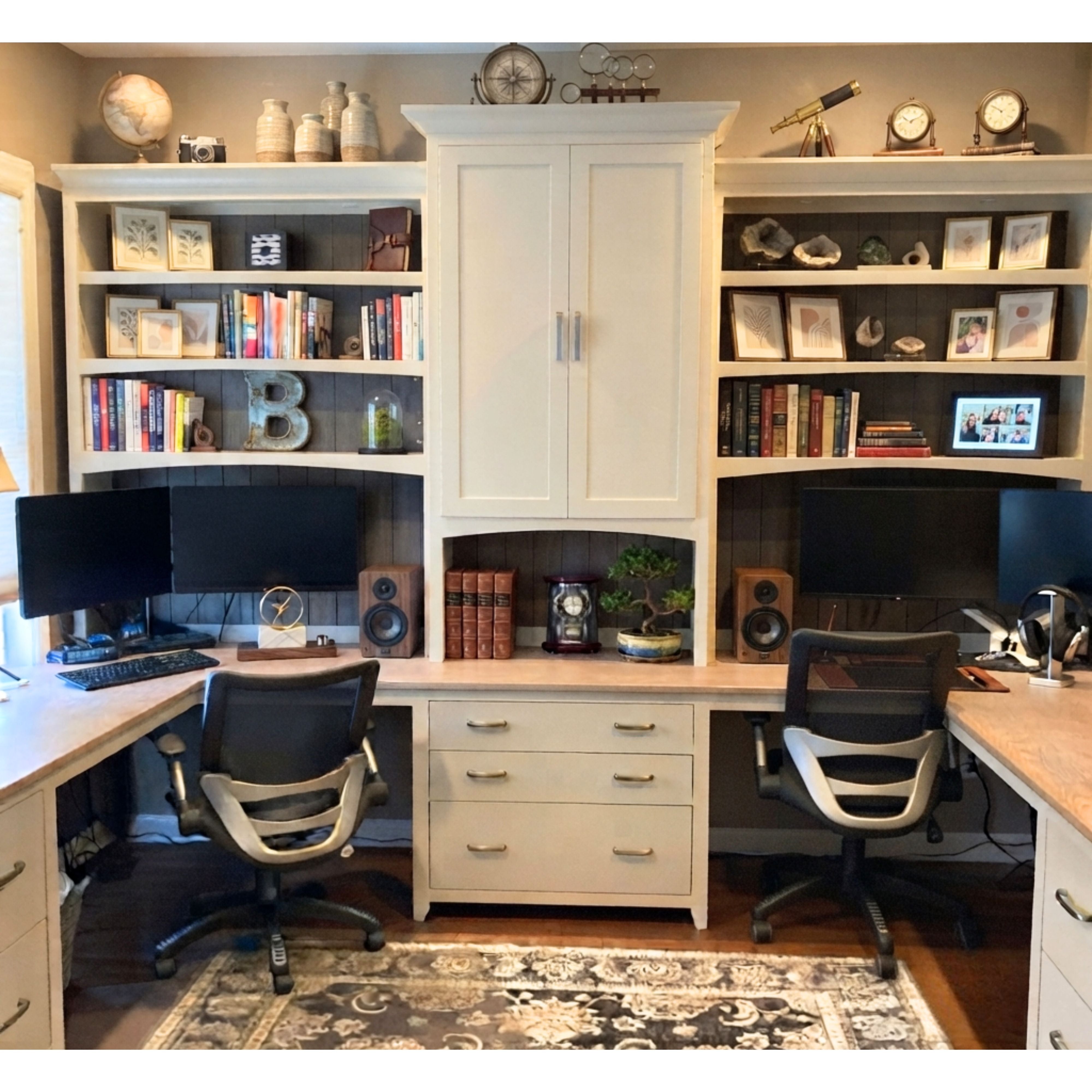 Custom Two-Toned Wrap Around Desk with Built-in Bookshelves