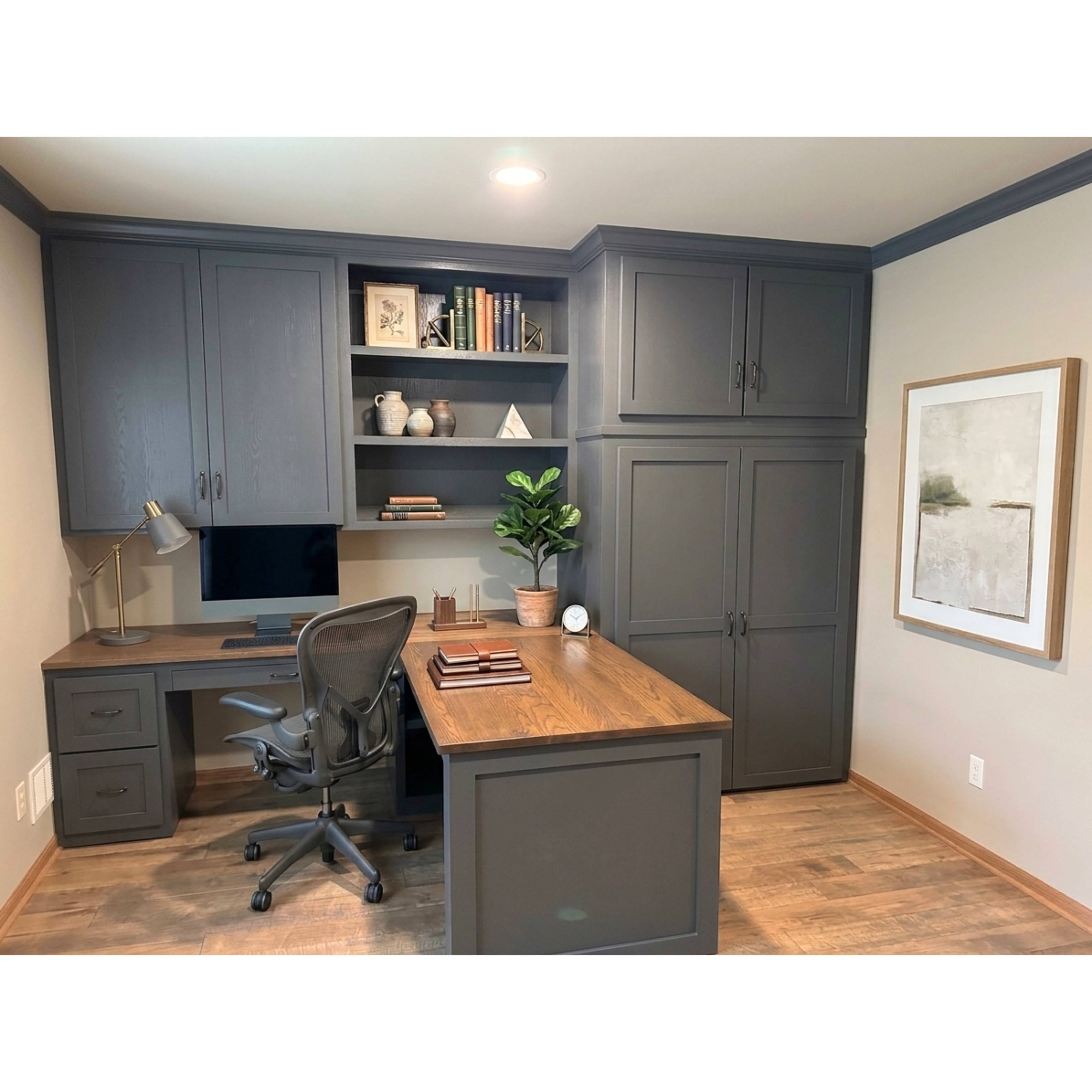 Custom Office Built in Oak Desk with Cabinets for Hidden Safe