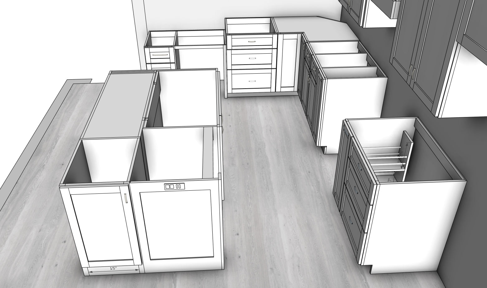 The final blueprint of the custom kitchen and cabinet project details.