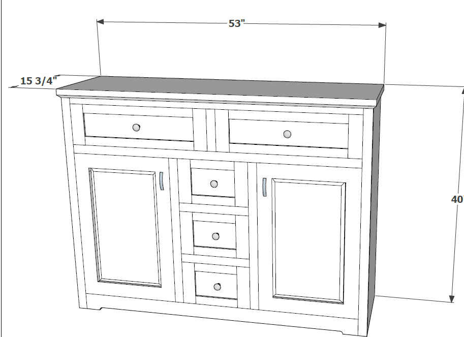 Detailed Line Drawing of custom solid wood buffet cabinet