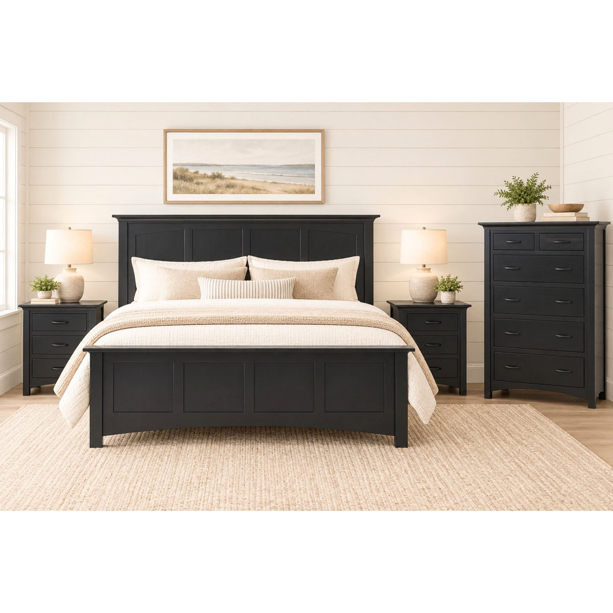 Black king size bedroom set by Dutch Craft is shown in solid Maple wood and Ebony stain