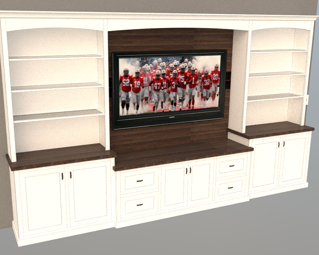 The detailed 3D render of a large custom entertainment center features white paint and warm wood tones.