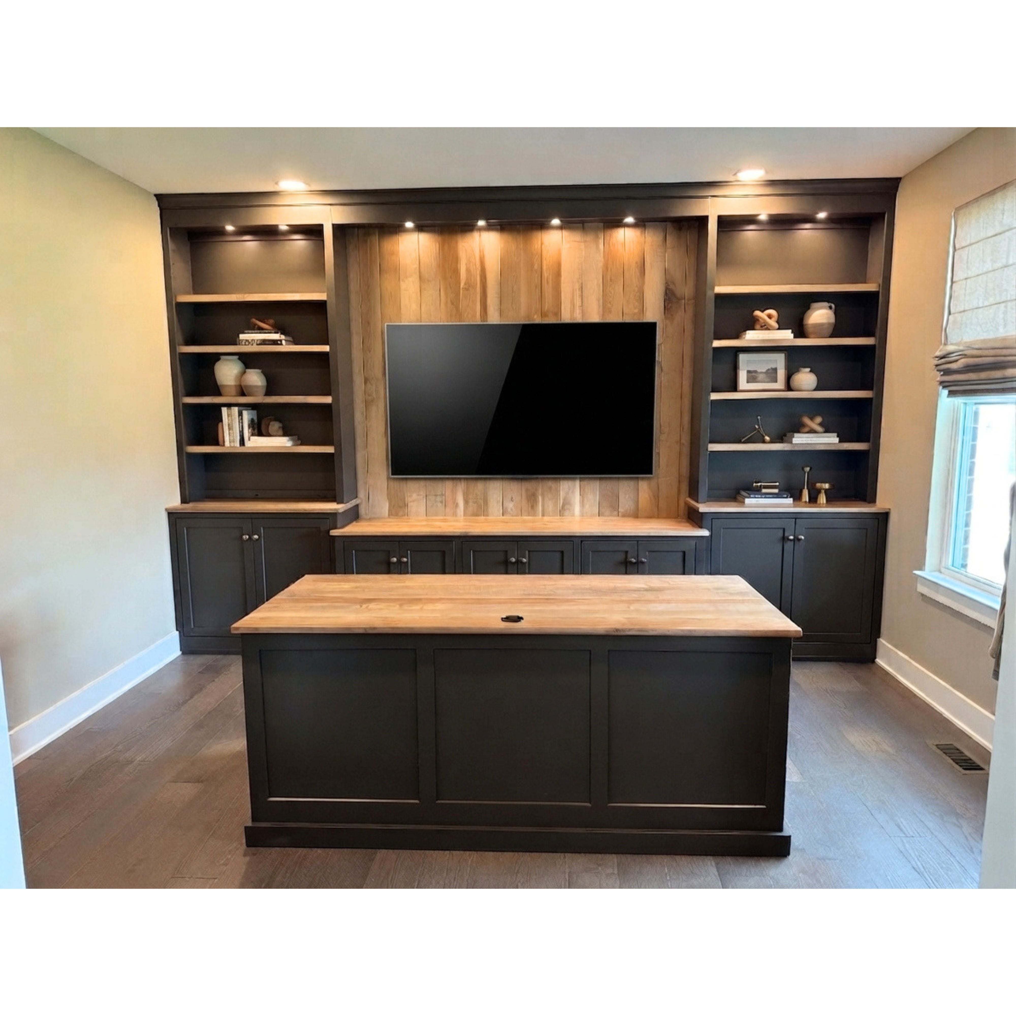 Custom Built-In Entertainment Center with Adjustable Executive Desk
