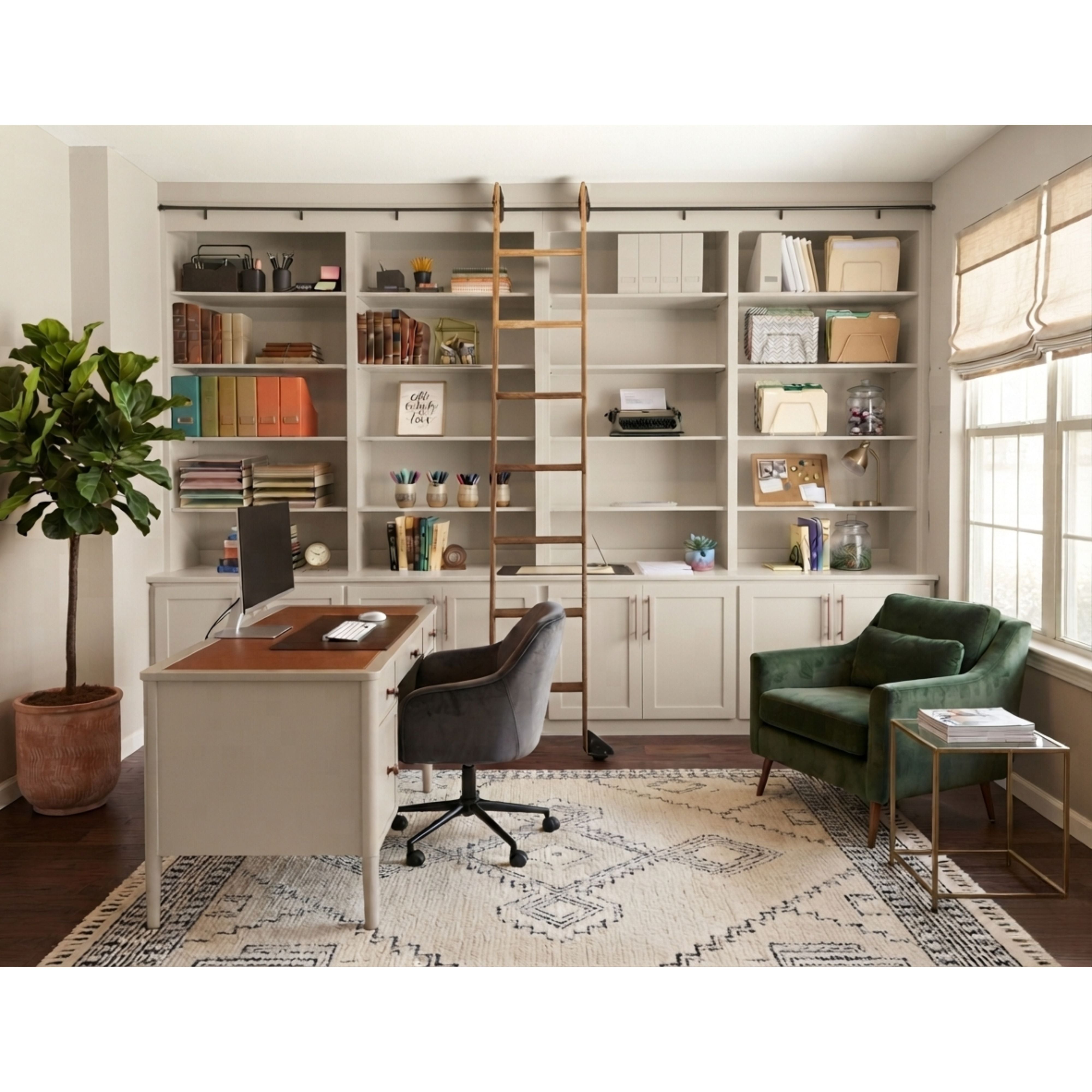 Custom Built-In Solid Wood Library Bookcase Unit with Ladder