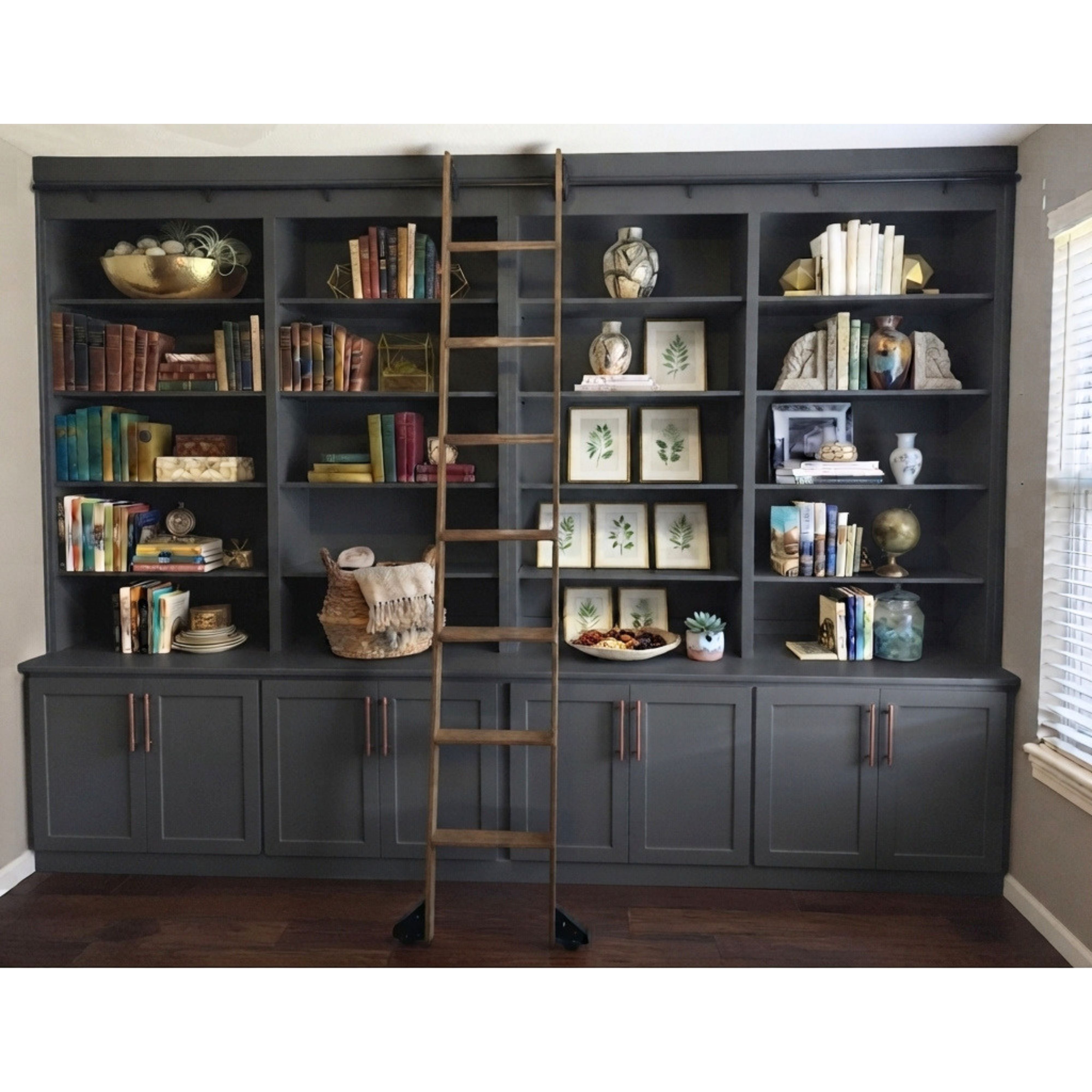 Custom Built-In Solid Wood Library Bookcase Unit with Ladder